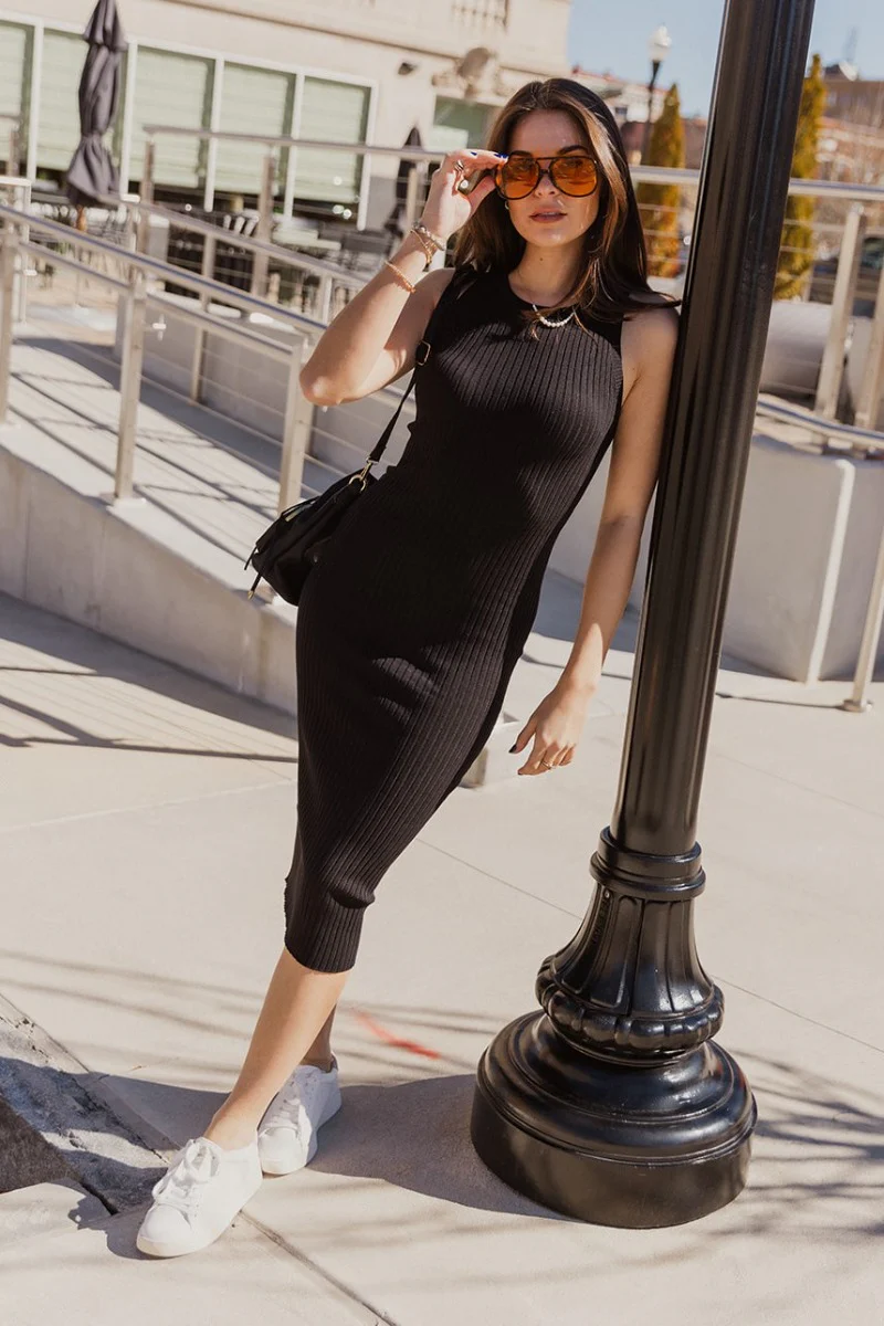 Rachel Black Ribbed Sleeveless Midi Dress - Image 2