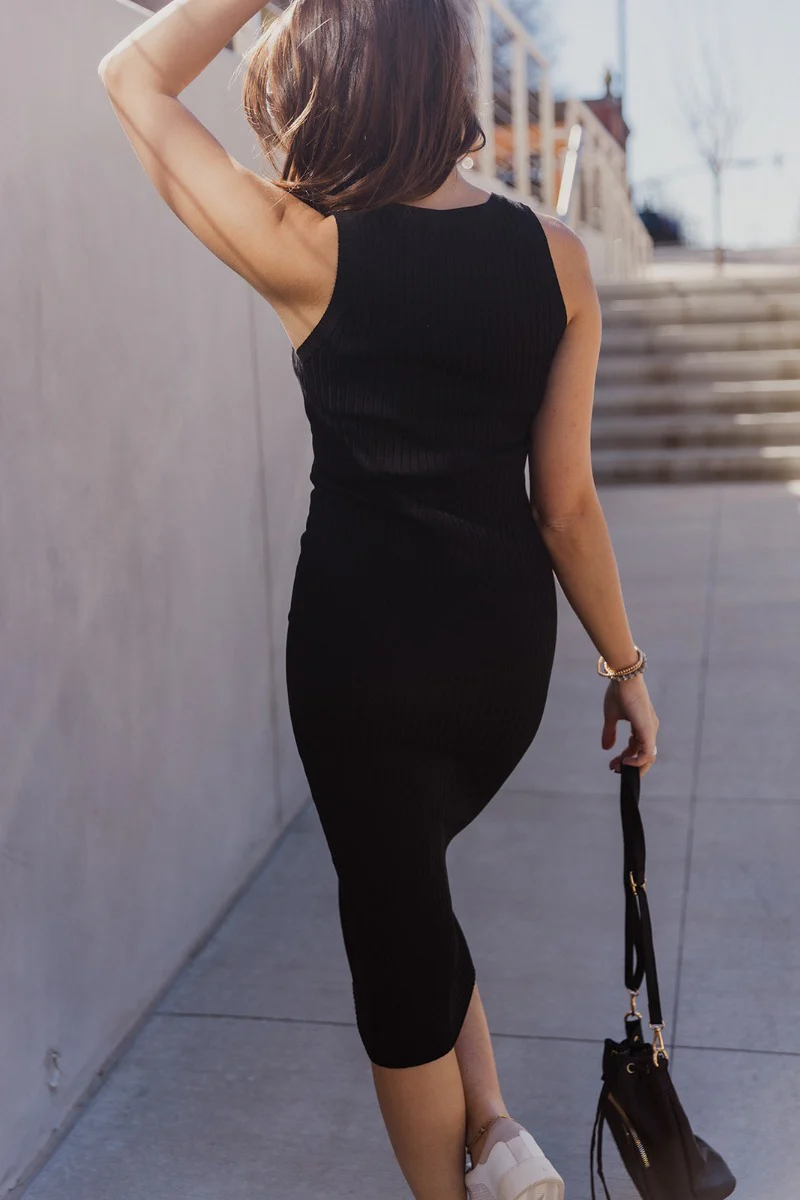Rachel Black Ribbed Sleeveless Midi Dress - Image 4