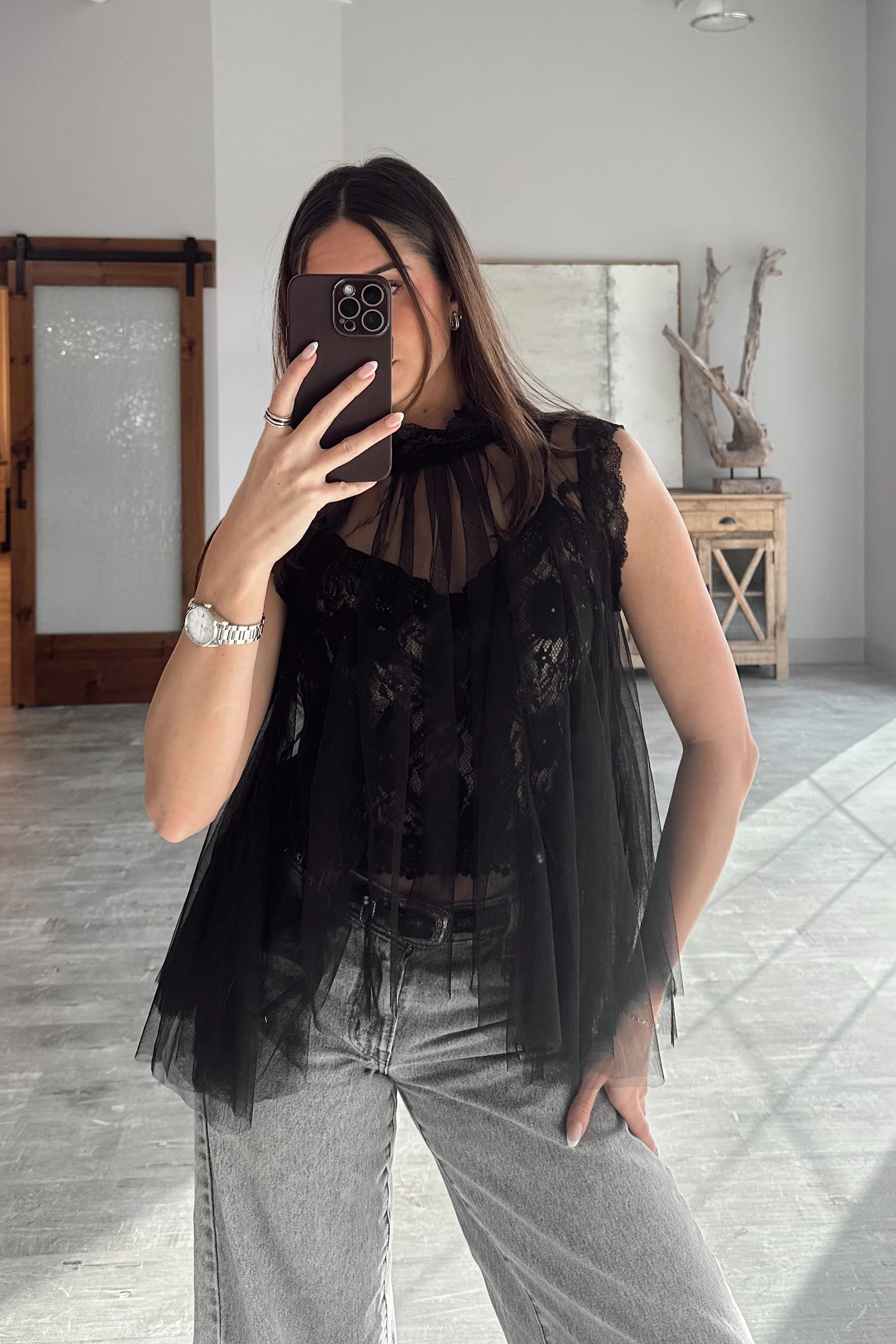 Rachel Black Tulle & Lace Flare Tank