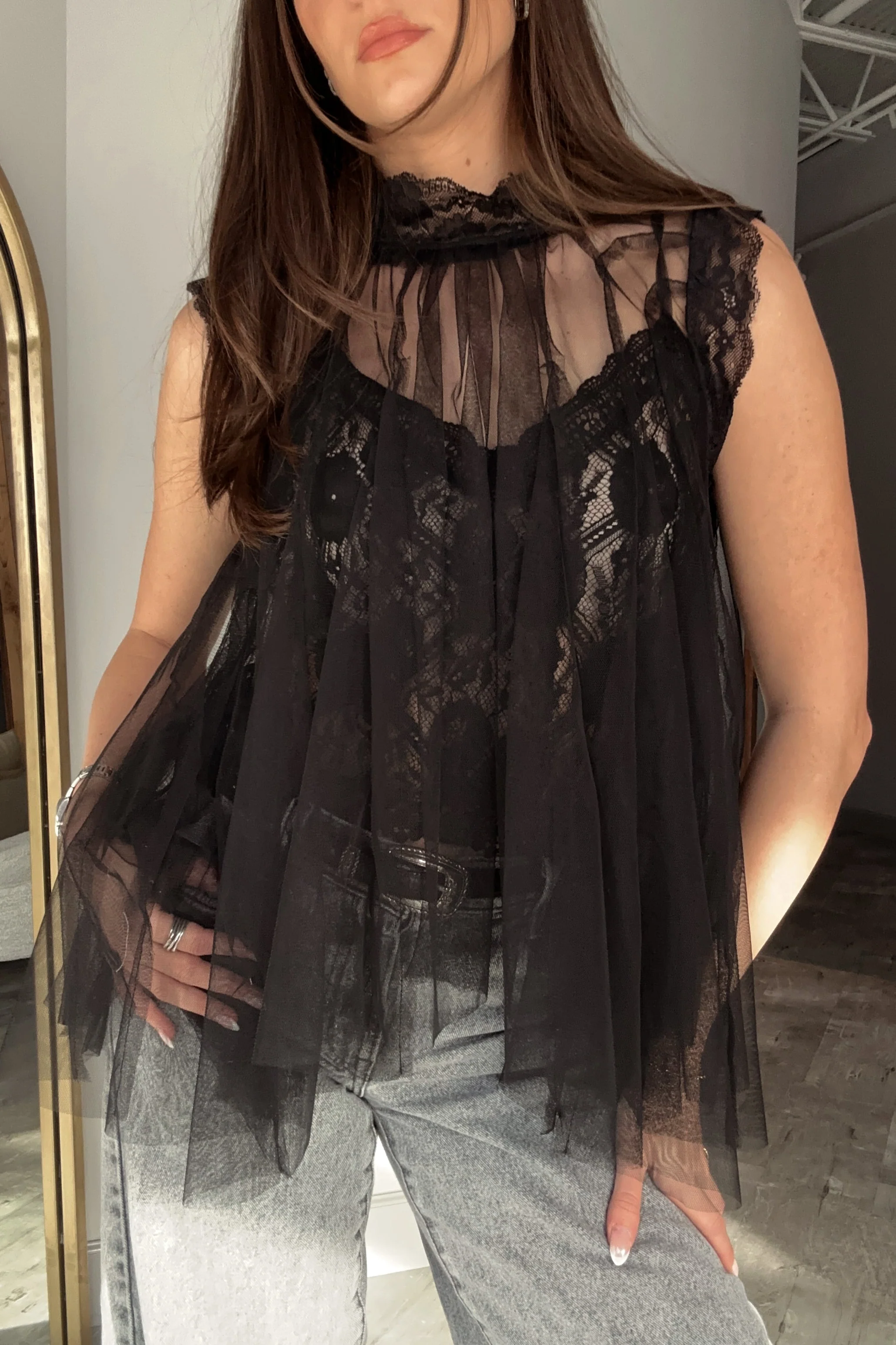 Rachel Black Tulle & Lace Flare Tank - Image 2