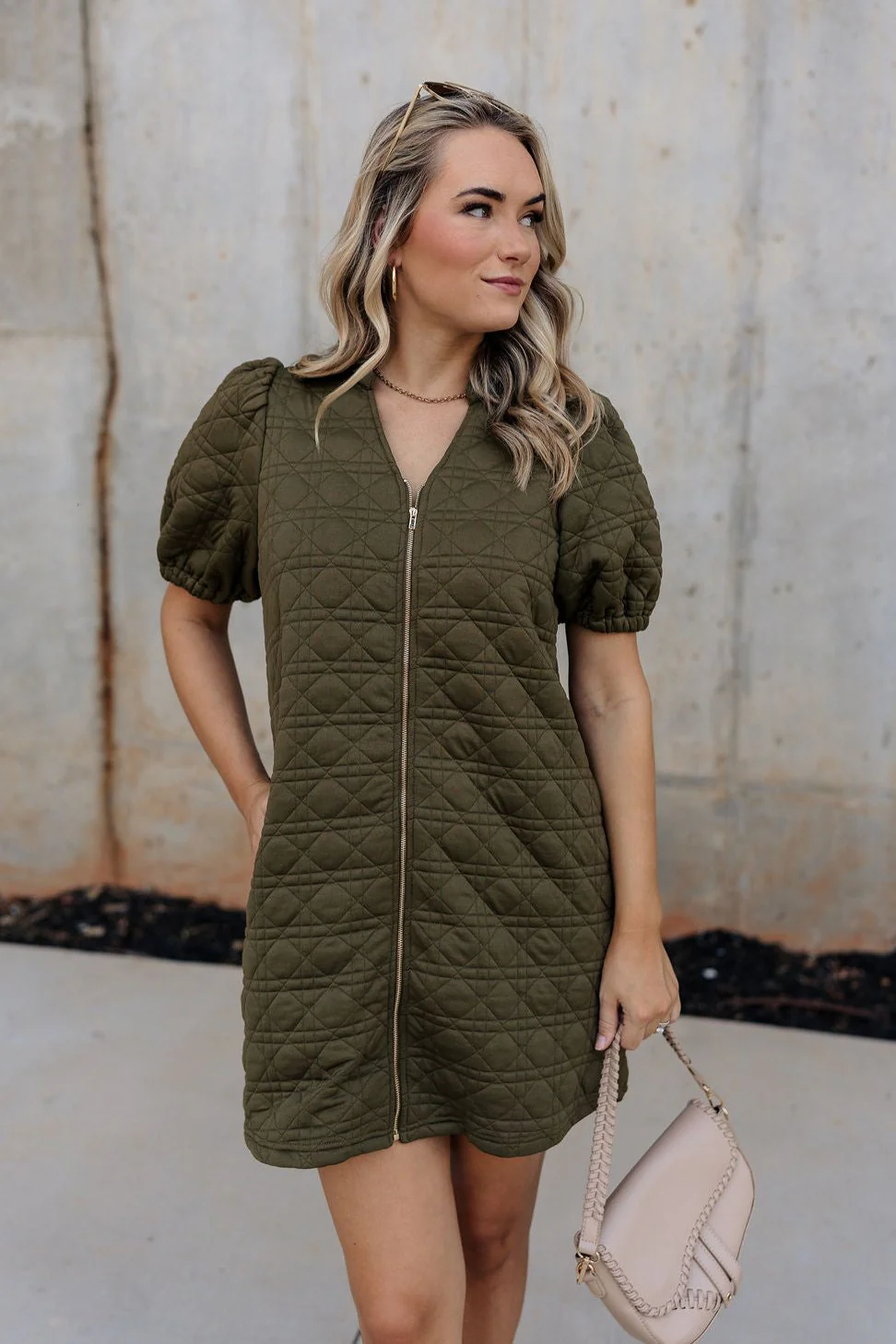 Rachel Olive Quilted Zip-Up Dress