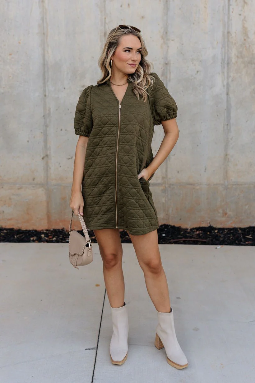 Rachel Olive Quilted Zip-Up Dress - Image 2