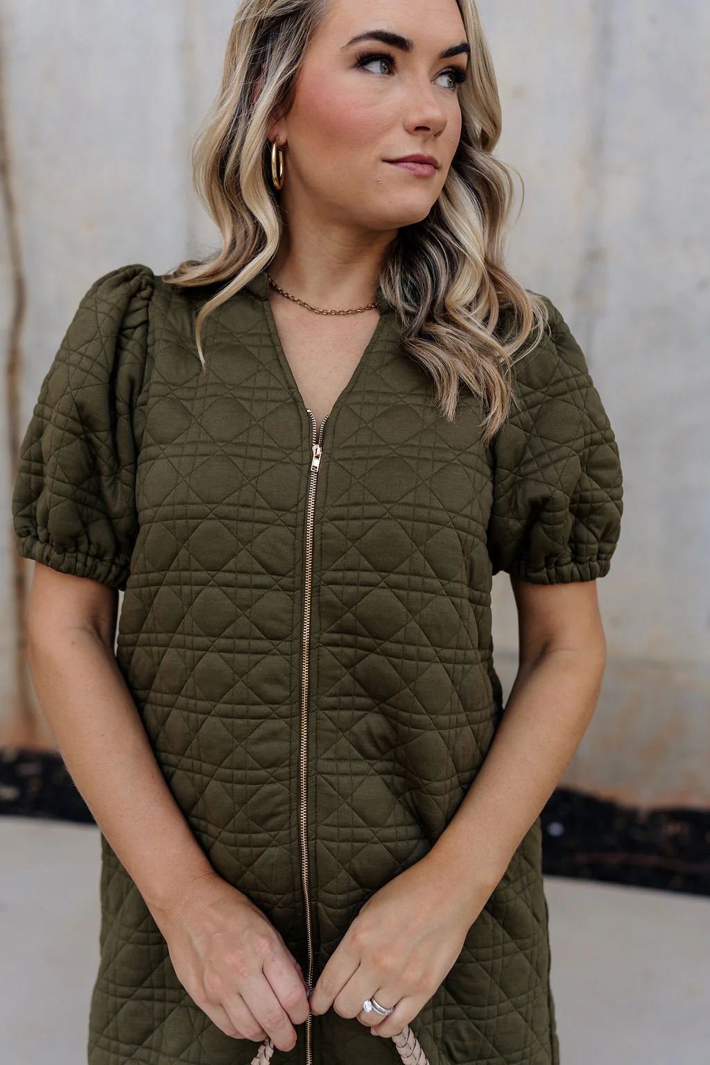 Rachel Olive Quilted Zip-Up Dress - Image 3
