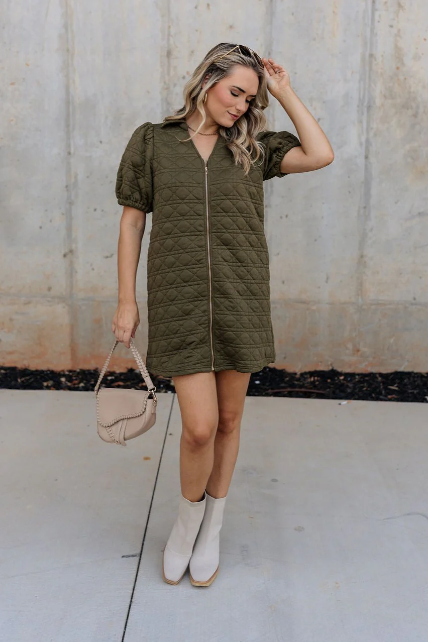 Rachel Olive Quilted Zip-Up Dress - Image 9