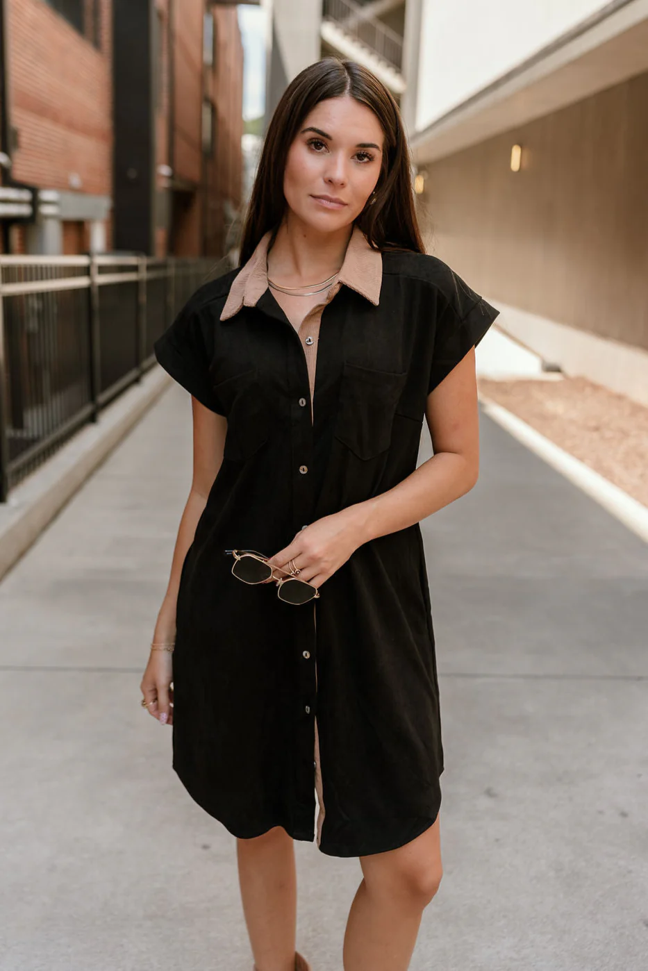 Rachelle Black Twill Suede Contrast Mini Dress