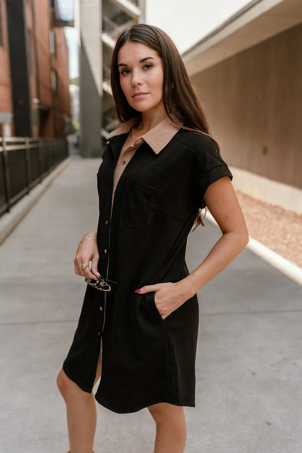 Rachelle Black Twill Suede Contrast Mini Dress - Image 6