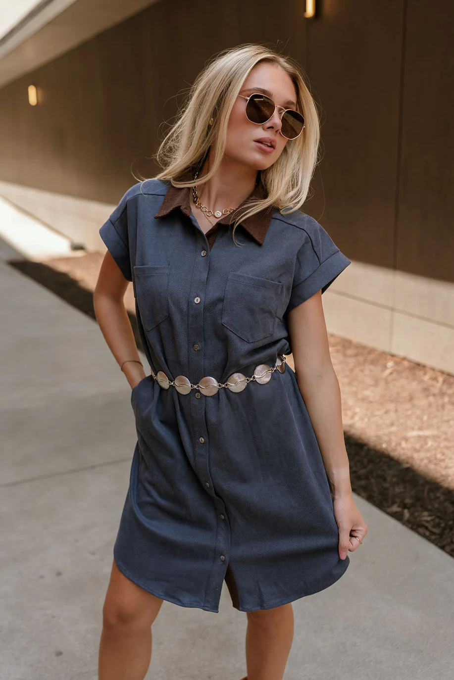 Rachelle Blue Twill Suede Contrast Mini Dress