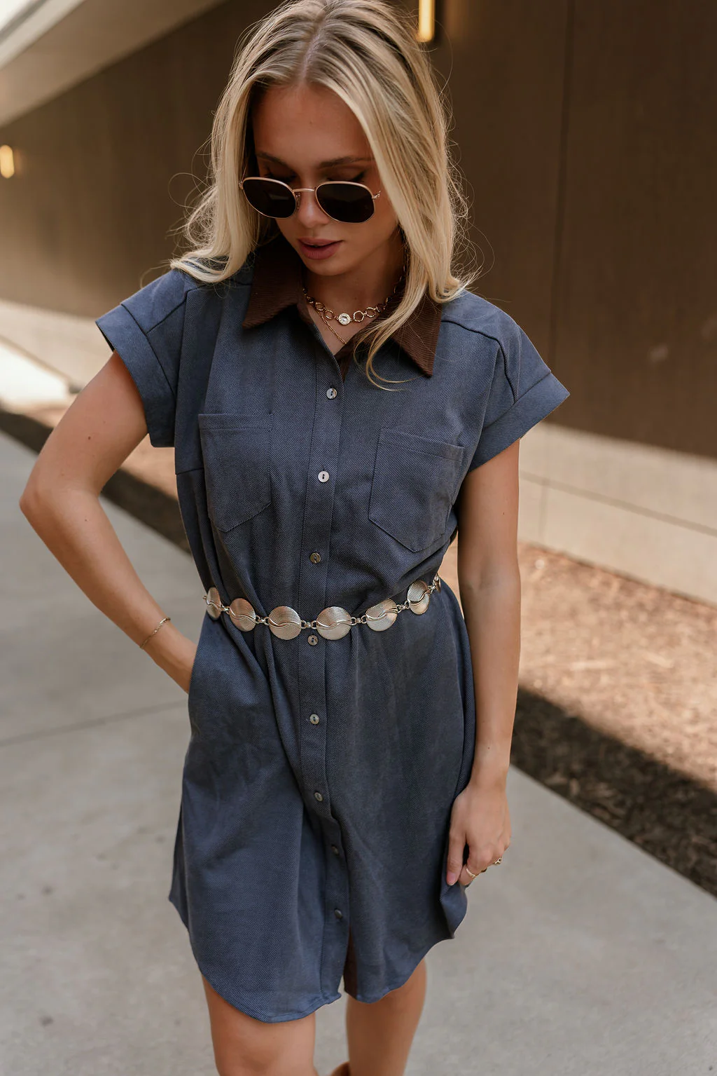 Rachelle Blue Twill Suede Contrast Mini Dress - Image 3