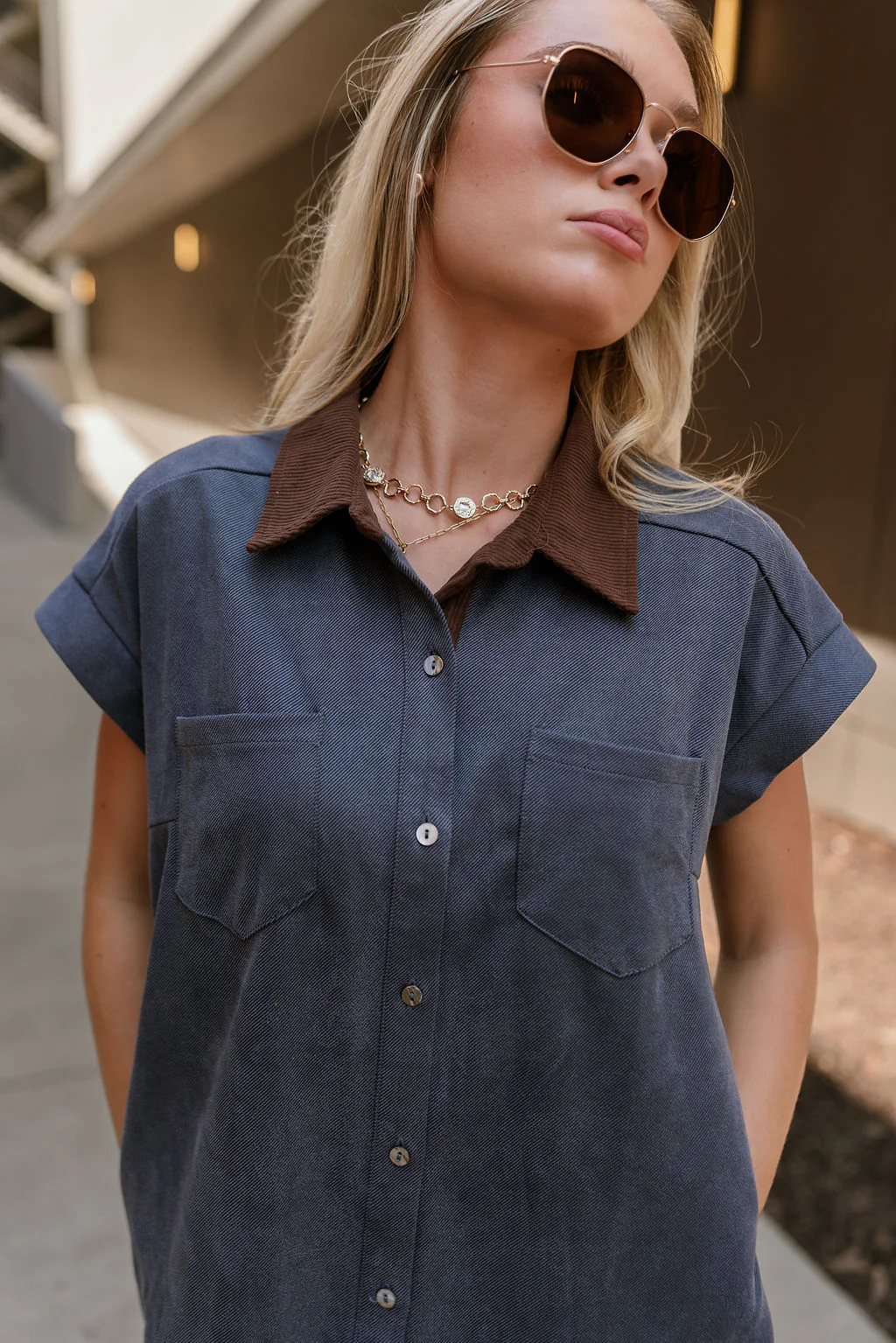 Rachelle Blue Twill Suede Contrast Mini Dress - Image 4