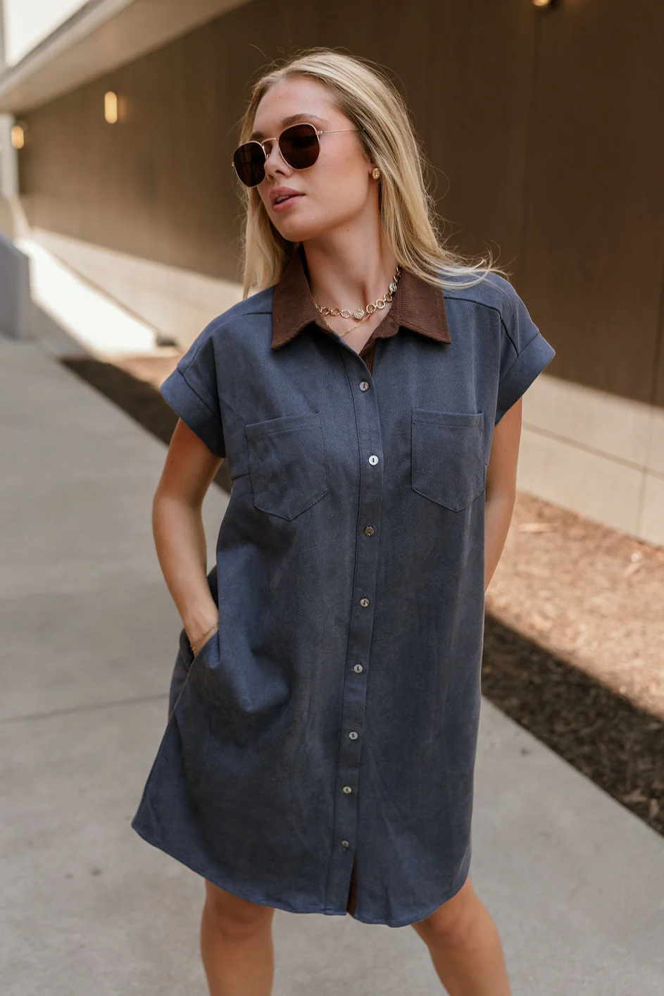 Rachelle Blue Twill Suede Contrast Mini Dress - Image 5