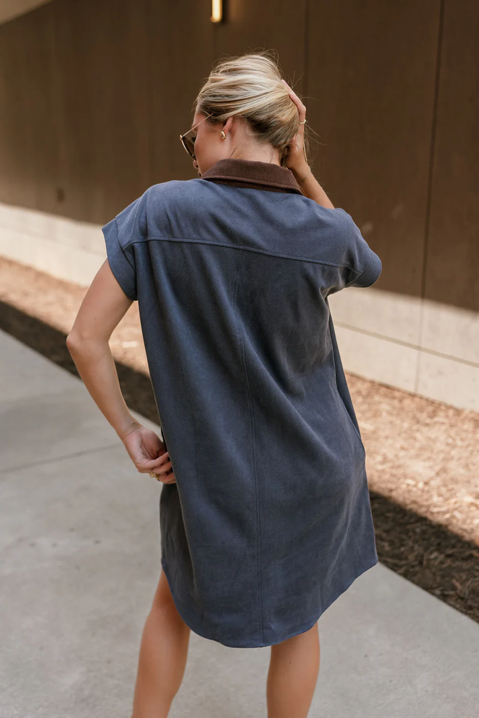 Rachelle Blue Twill Suede Contrast Mini Dress - Image 6