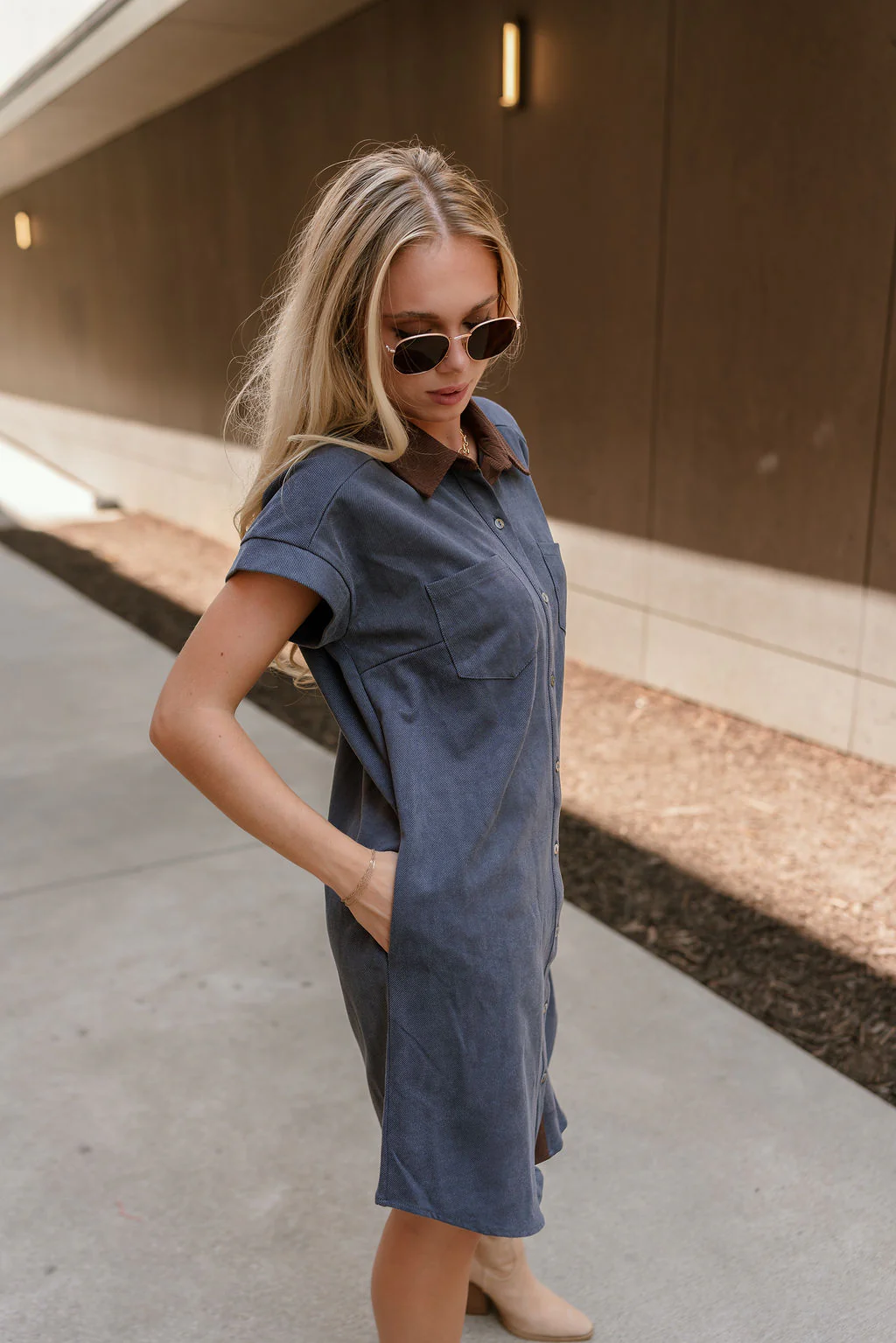 Rachelle Blue Twill Suede Contrast Mini Dress - Image 7