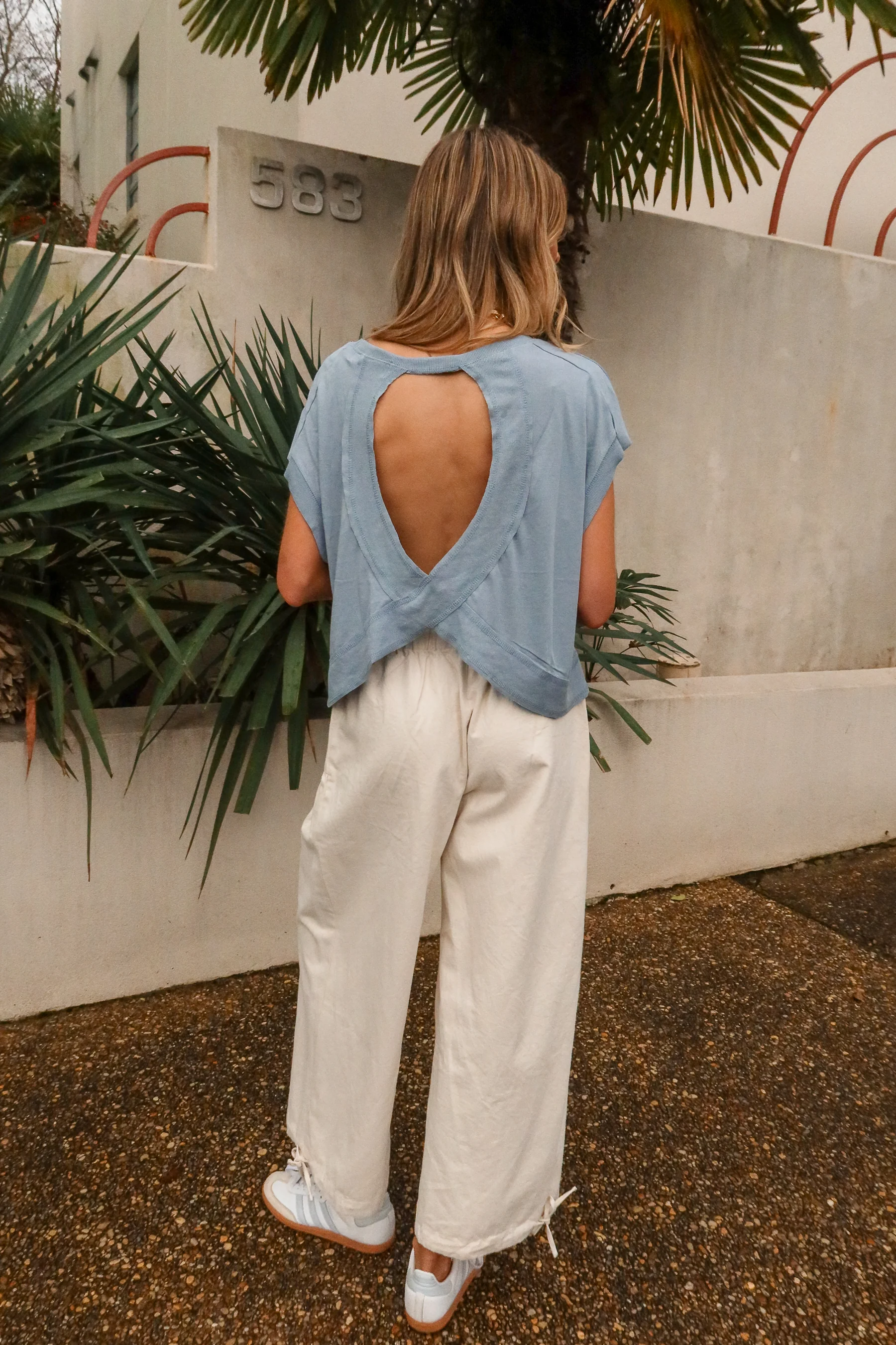 Rachelle Light Blue Open Back Tee - Image 5
