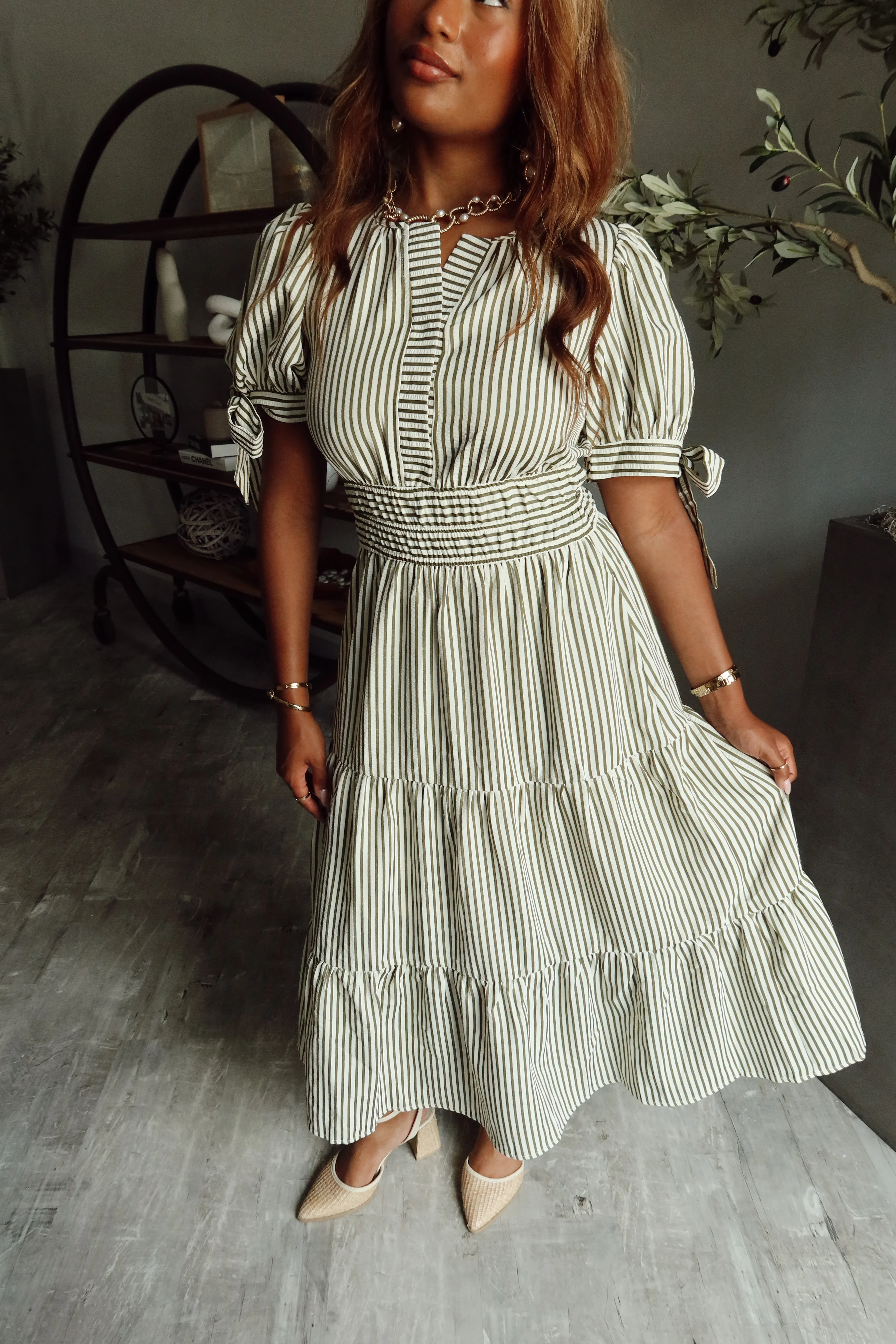 Raelyn Green & White Stripe Midi Dress - Image 2