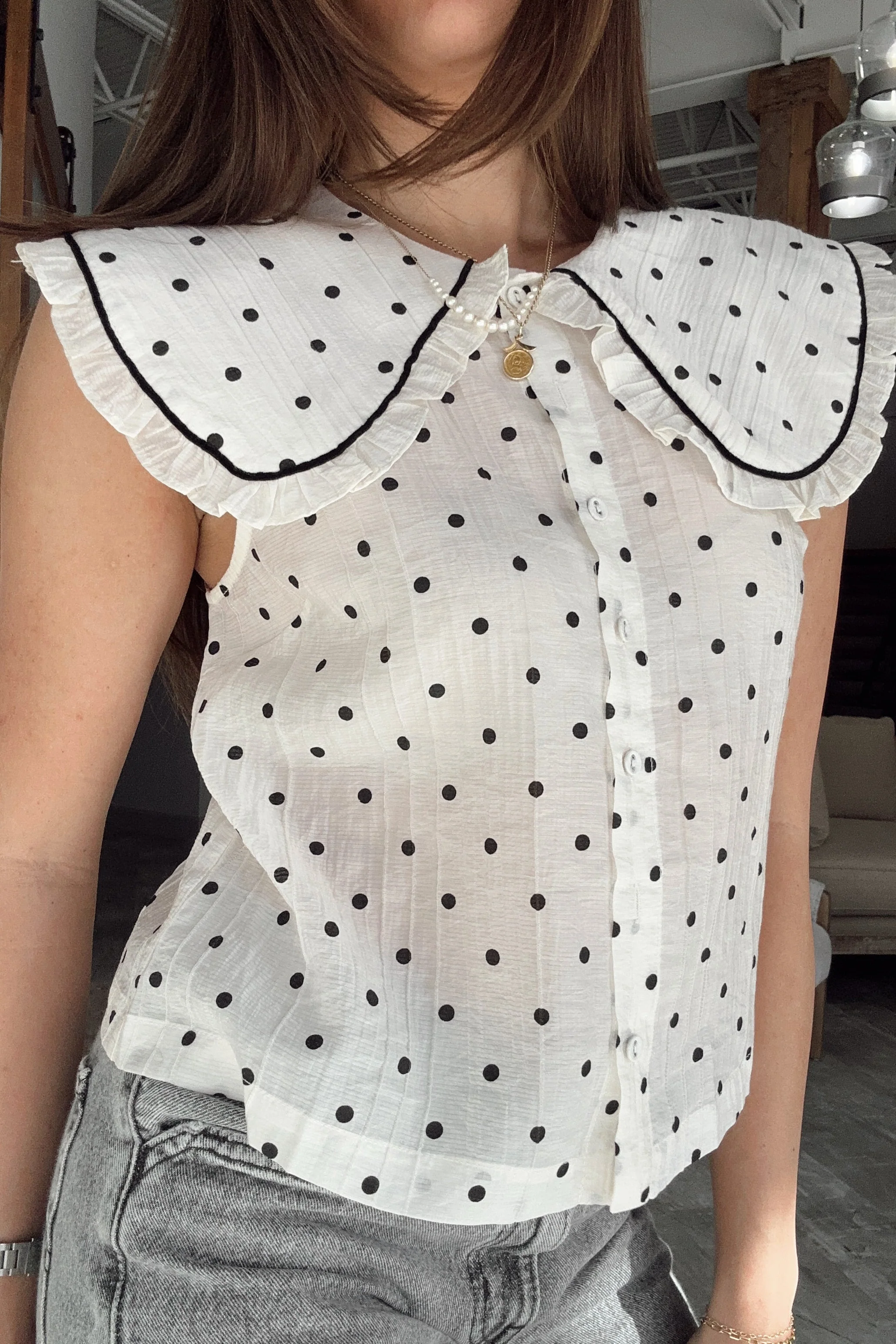 Raelyn Ivory & Black Polka Dot Collar Tank