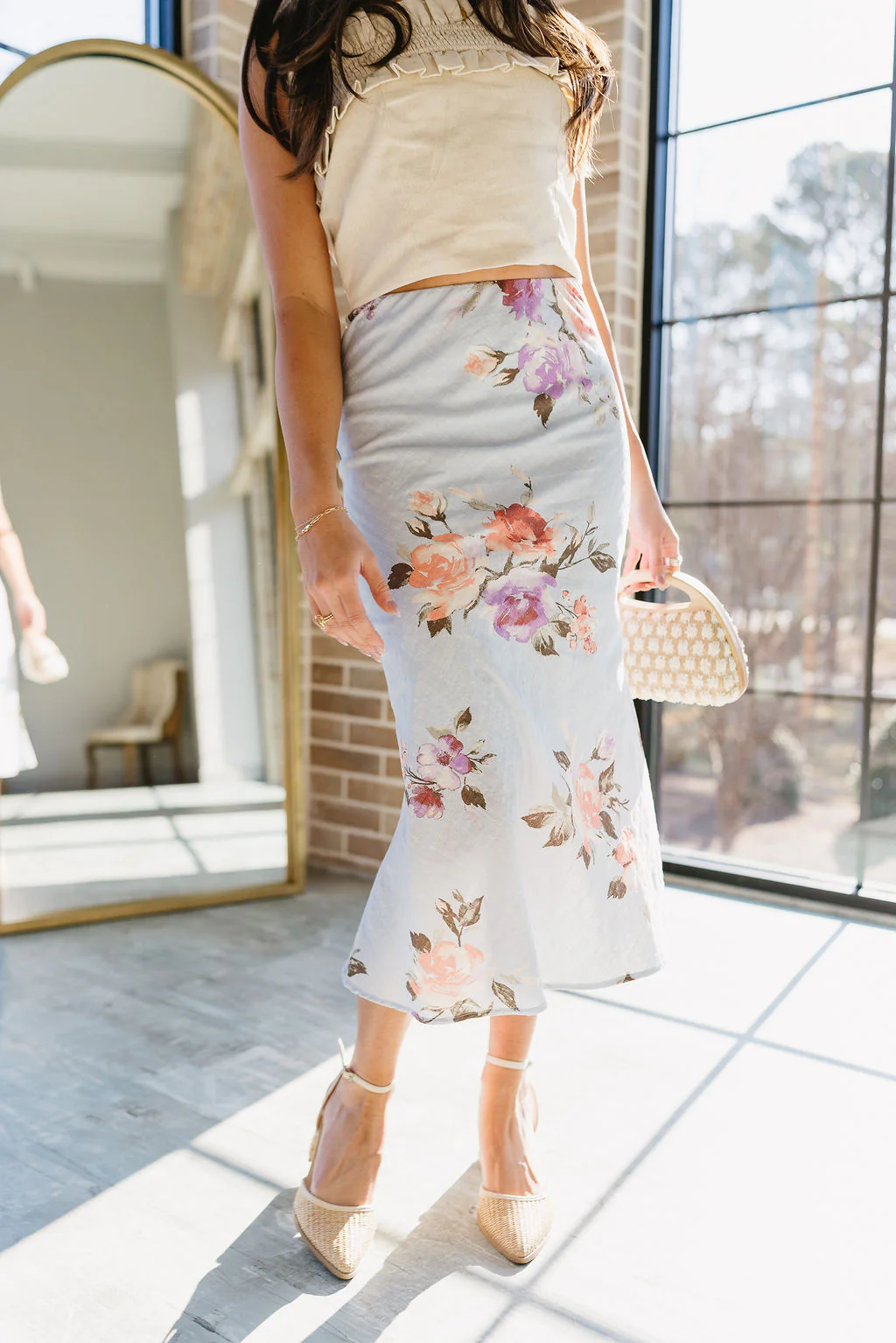 Raelyn Light Blue Multi Floral Midi Skirt