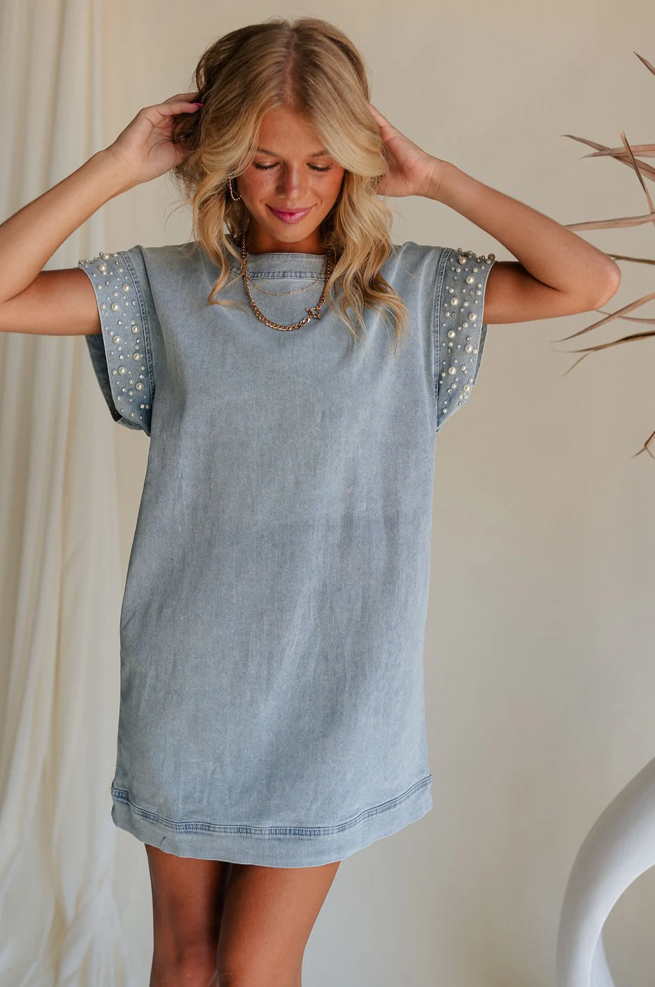 Raelyn Light Denim Pearl & Rhinestone Mini Dress