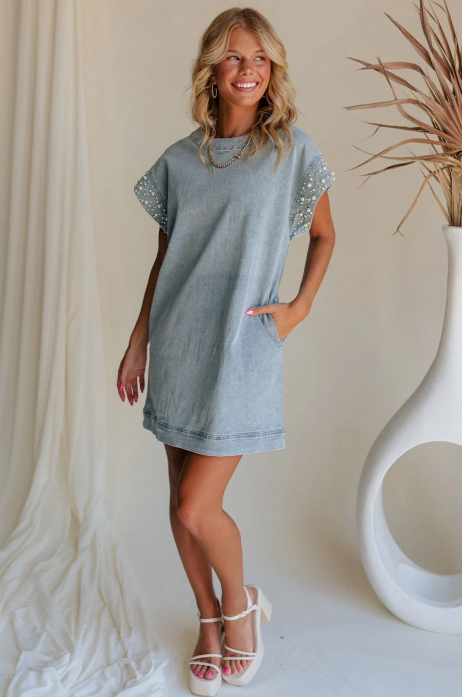 Raelyn Light Denim Pearl & Rhinestone Mini Dress - Image 2