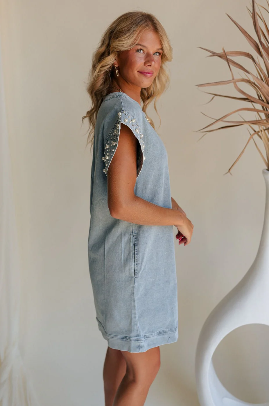 Raelyn Light Denim Pearl & Rhinestone Mini Dress - Image 3