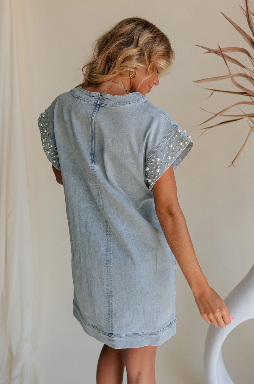 Raelyn Light Denim Pearl & Rhinestone Mini Dress - Image 4