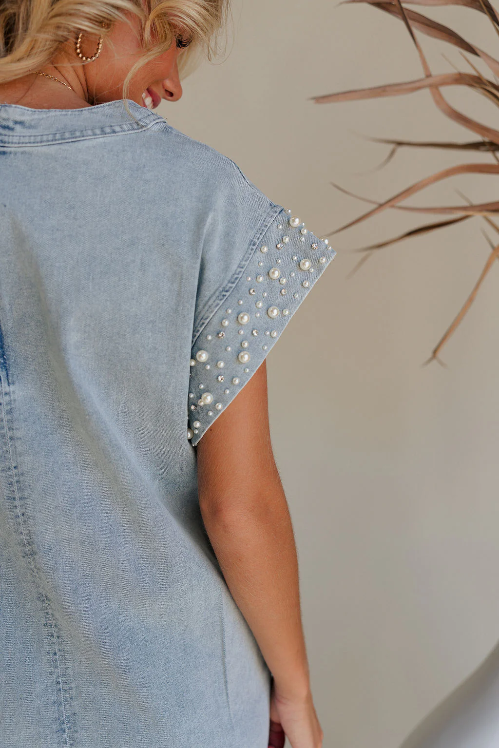 Raelyn Light Denim Pearl & Rhinestone Mini Dress - Image 5