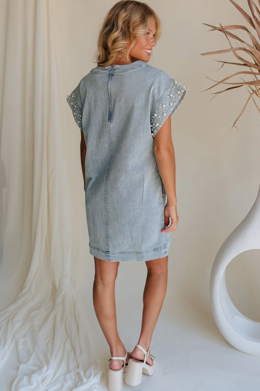 Raelyn Light Denim Pearl & Rhinestone Mini Dress - Image 7