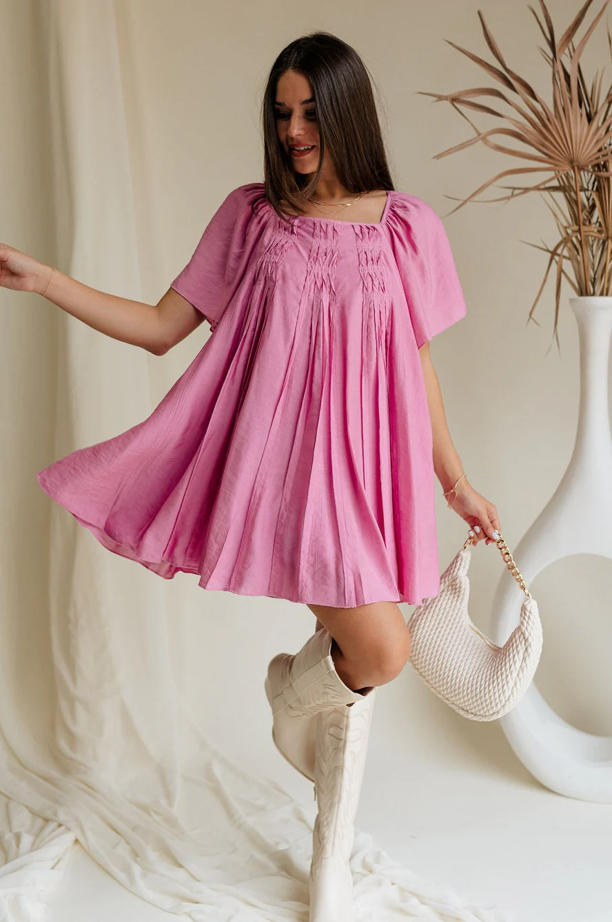 Raelynn Pink Short Puff Sleeve Mini Dress