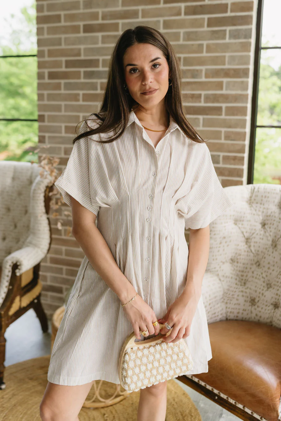 Rayna Latte & White Stripe Pleated Mini Dress - Image 9