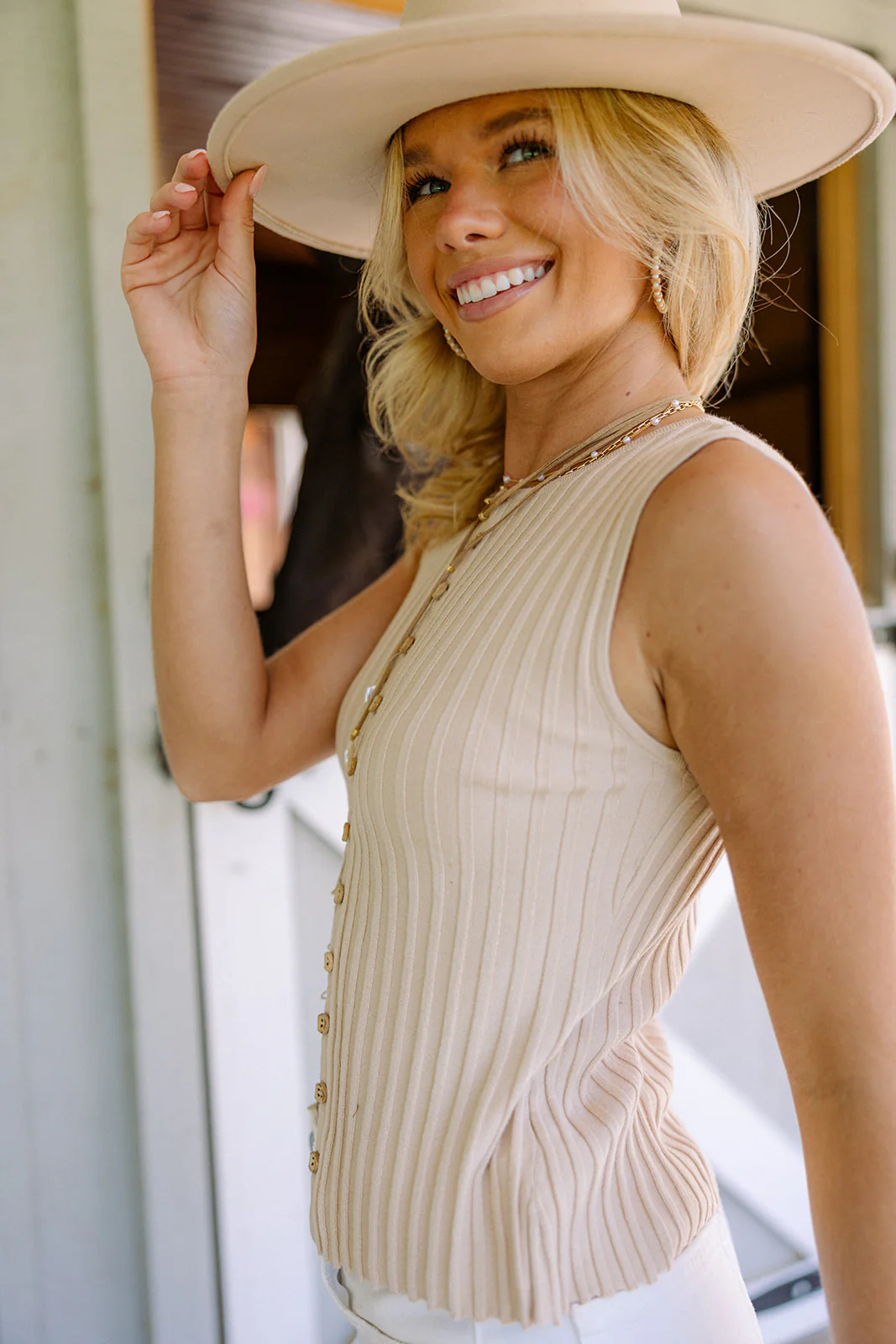 Reagan Beige Button Front Tank Top - Image 6