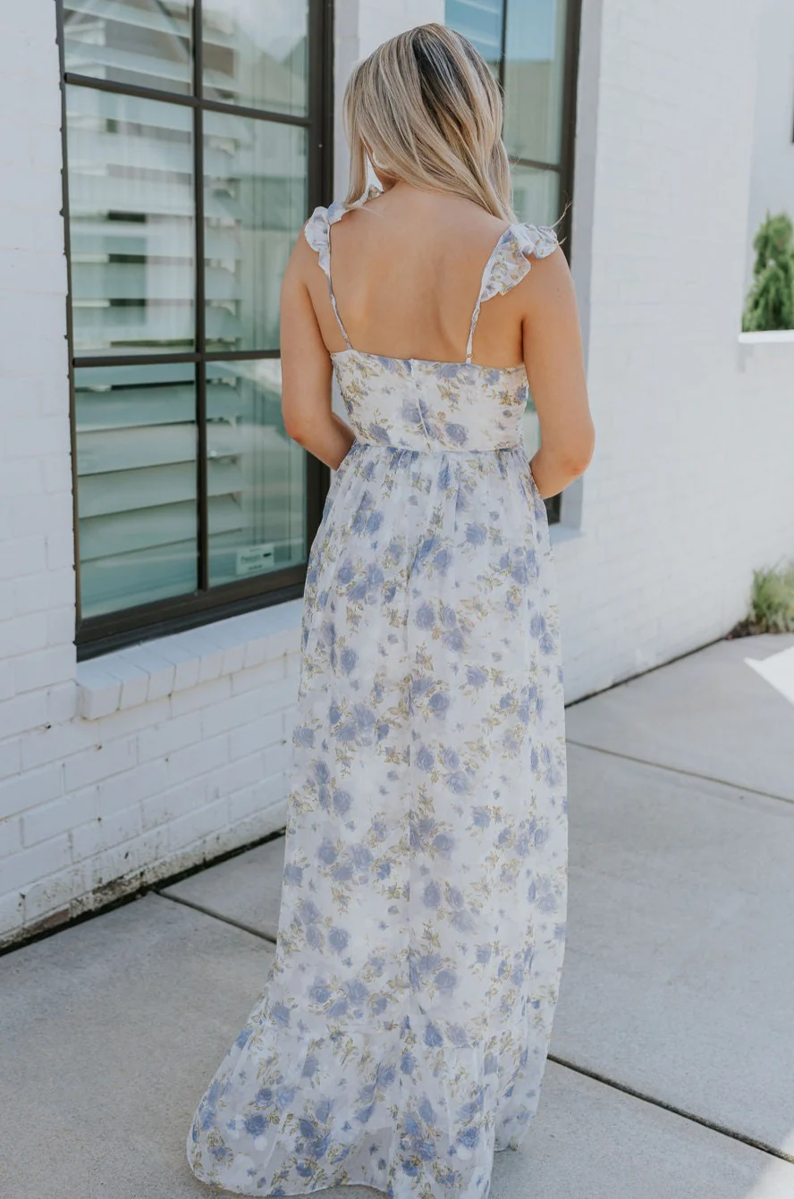 Reagan Blue & White Floral Ruffle Slit Maxi Dress - Image 10