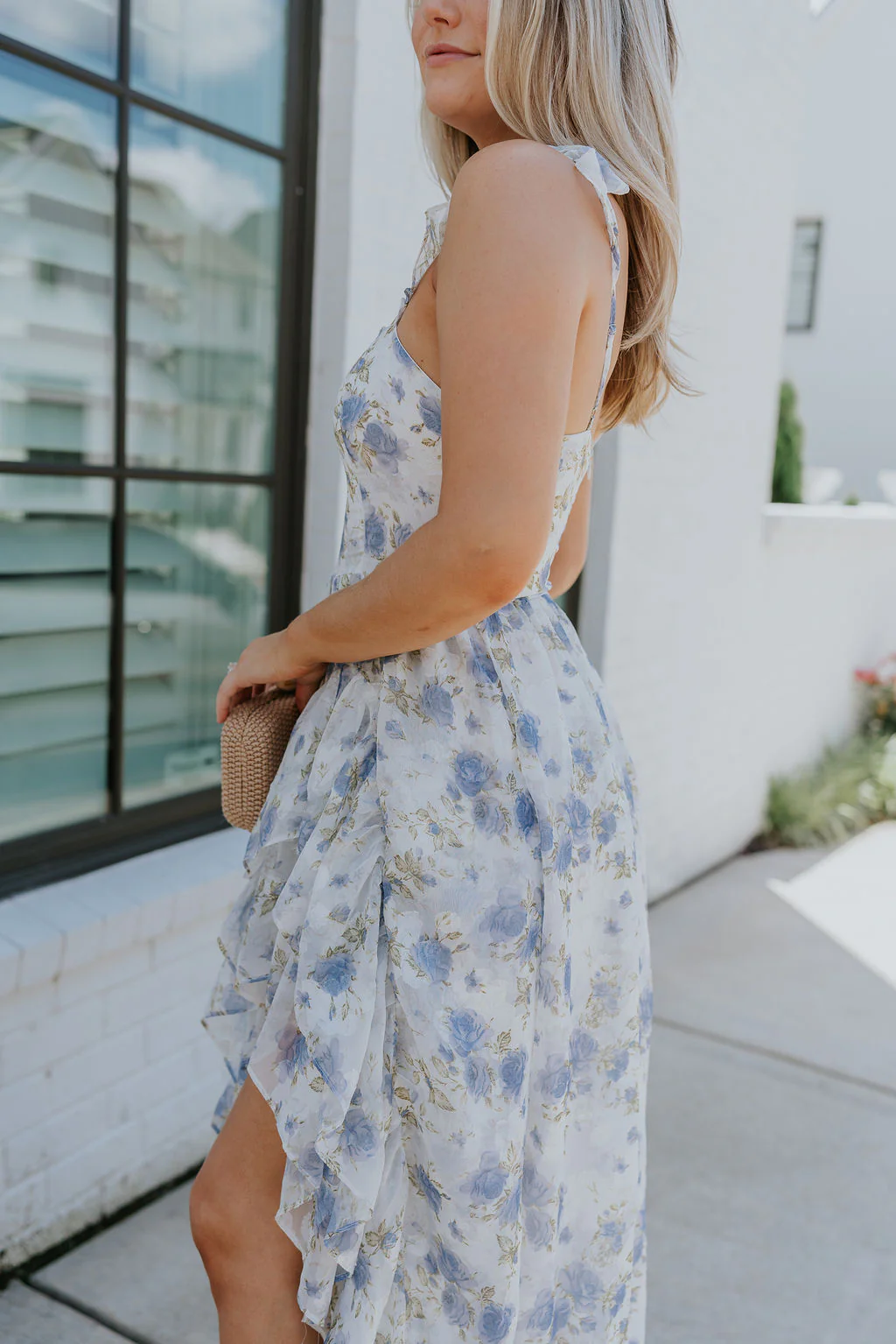 Reagan Blue & White Floral Ruffle Slit Maxi Dress - Image 3