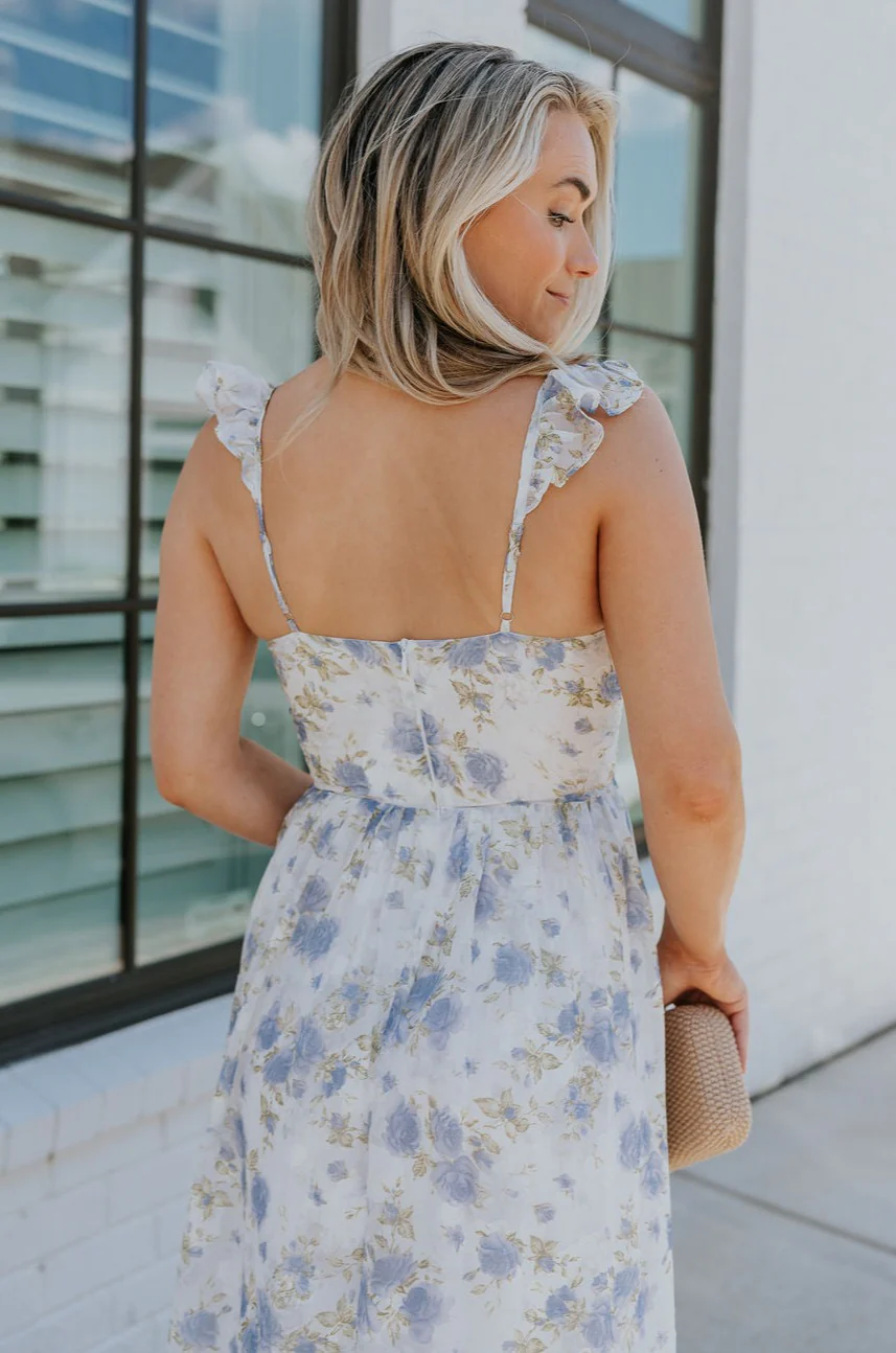 Reagan Blue & White Floral Ruffle Slit Maxi Dress - Image 4