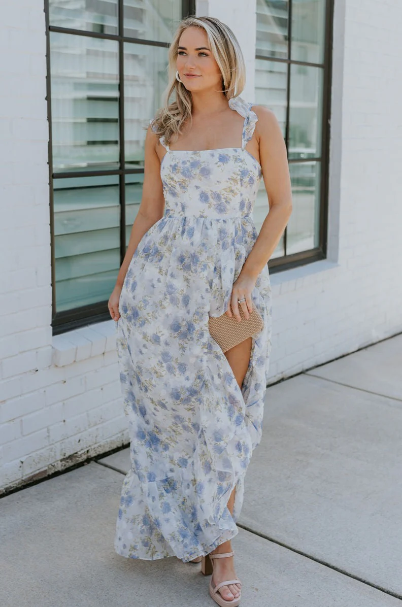 Reagan Blue & White Floral Ruffle Slit Maxi Dress - Image 5