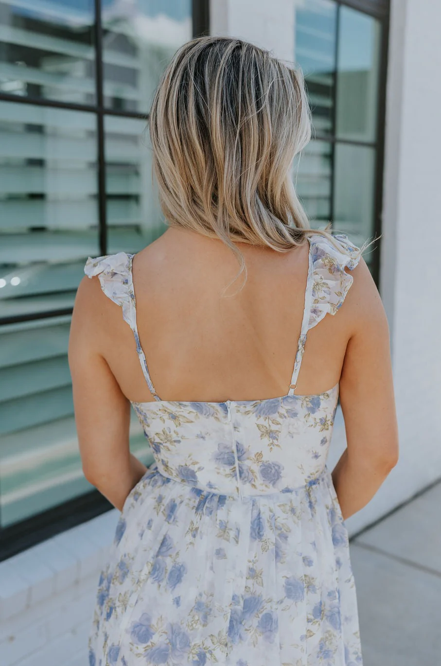 Reagan Blue & White Floral Ruffle Slit Maxi Dress - Image 7