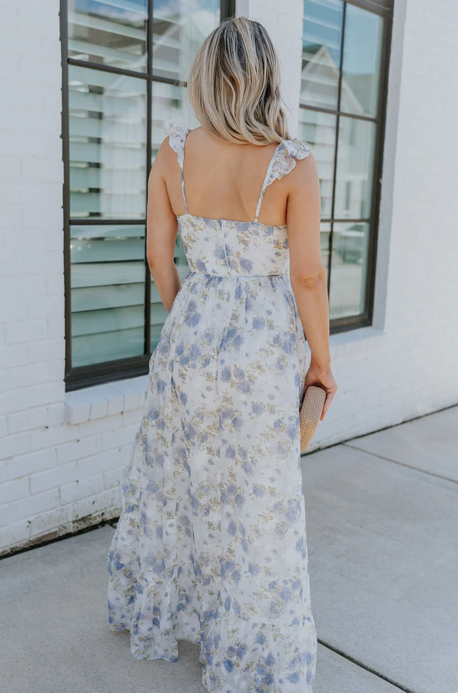Reagan Blue & White Floral Ruffle Slit Maxi Dress - Image 9
