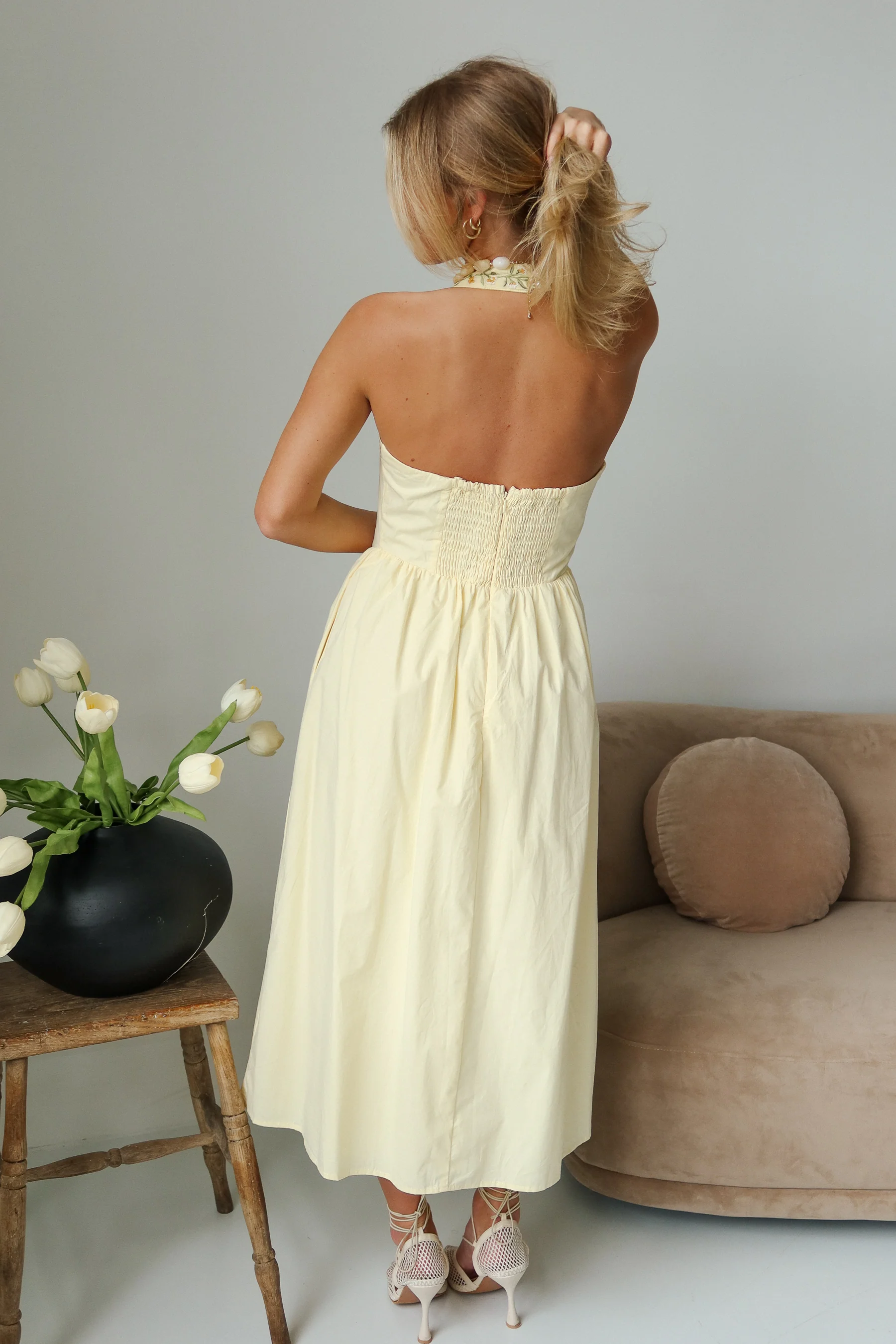 Reagan Pale Yellow Floral Halter Midi Dress - Image 4