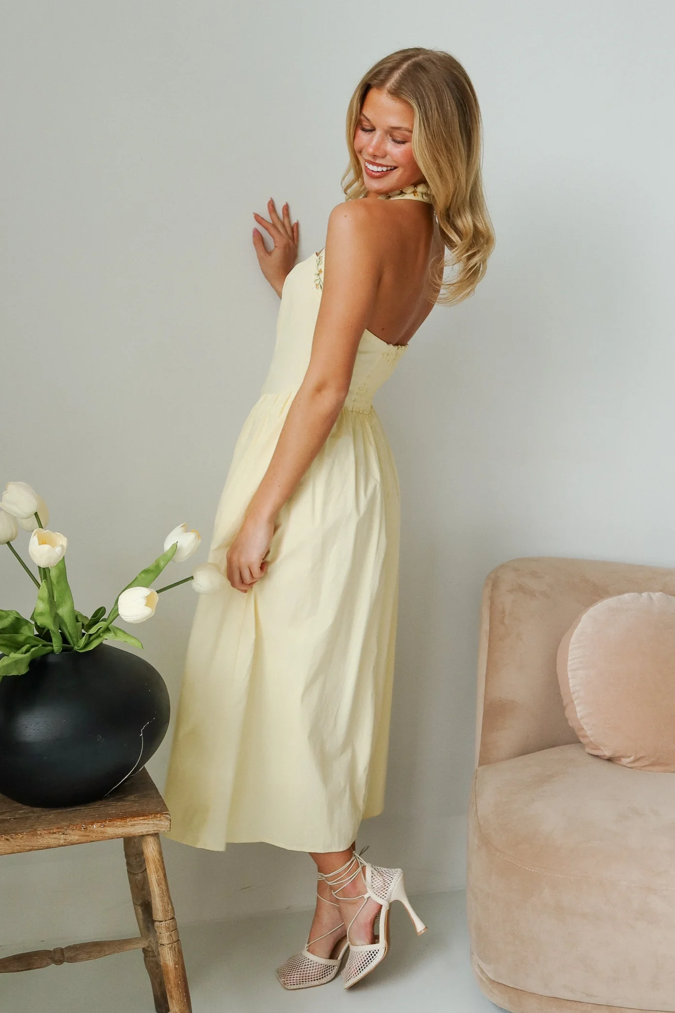 Reagan Pale Yellow Floral Halter Midi Dress - Image 6