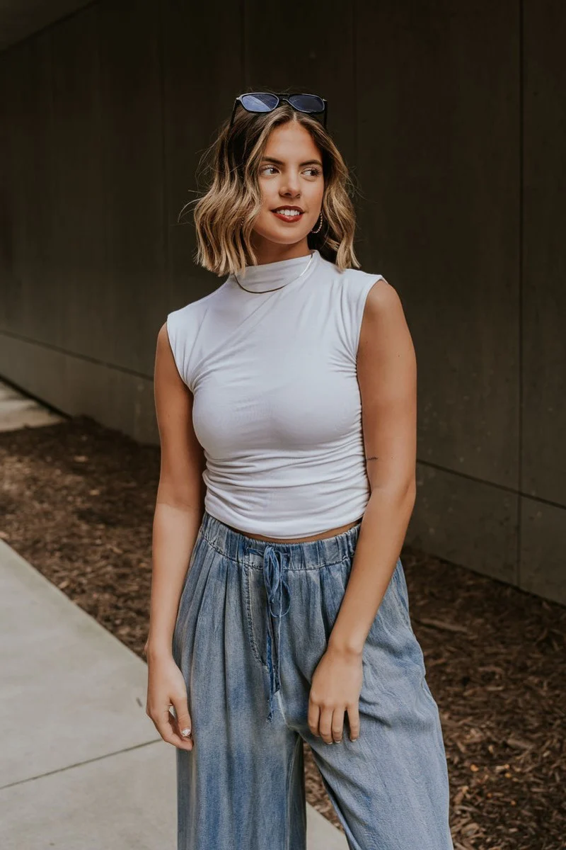 Rebekah White Ruched Mock Neck Tank Top