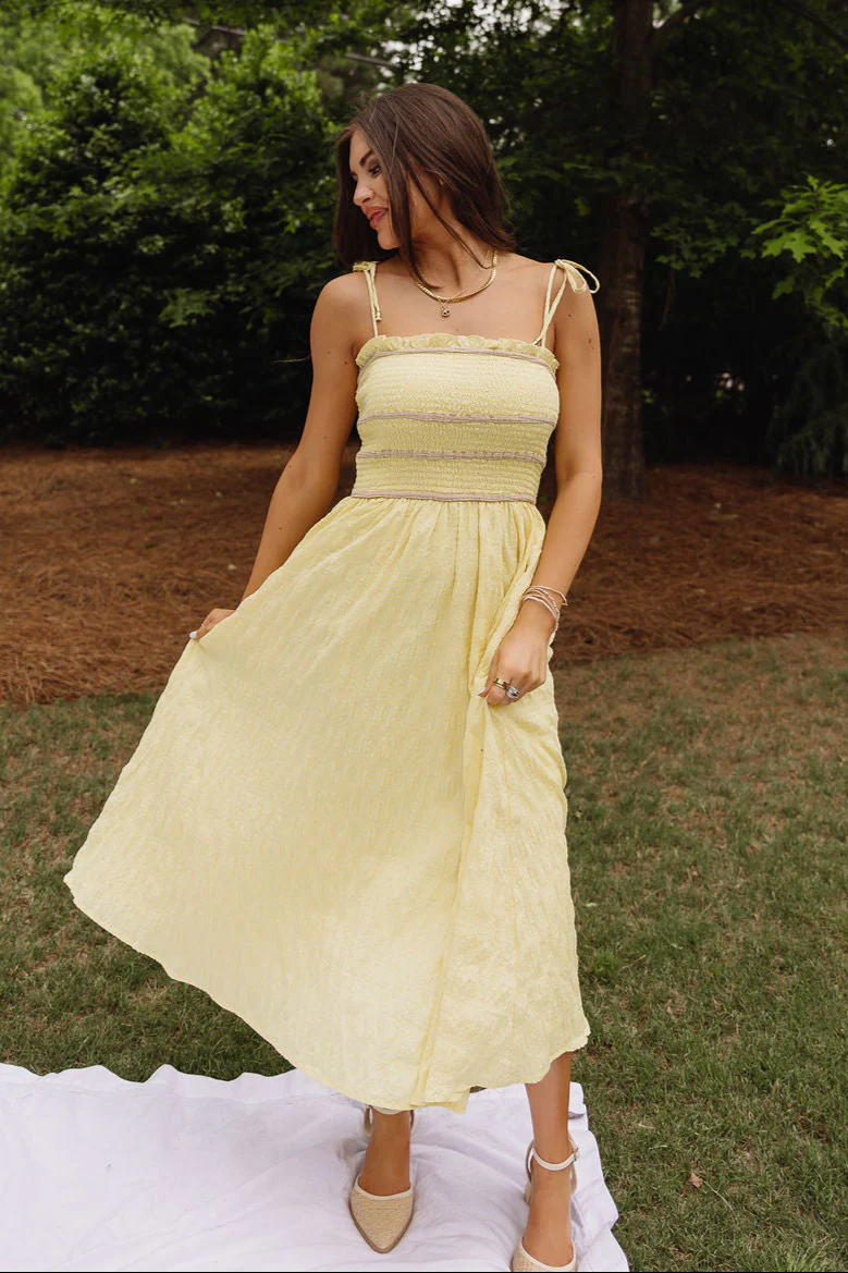 Reese Yellow & Taupe Smocked Midi Dress - Image 2