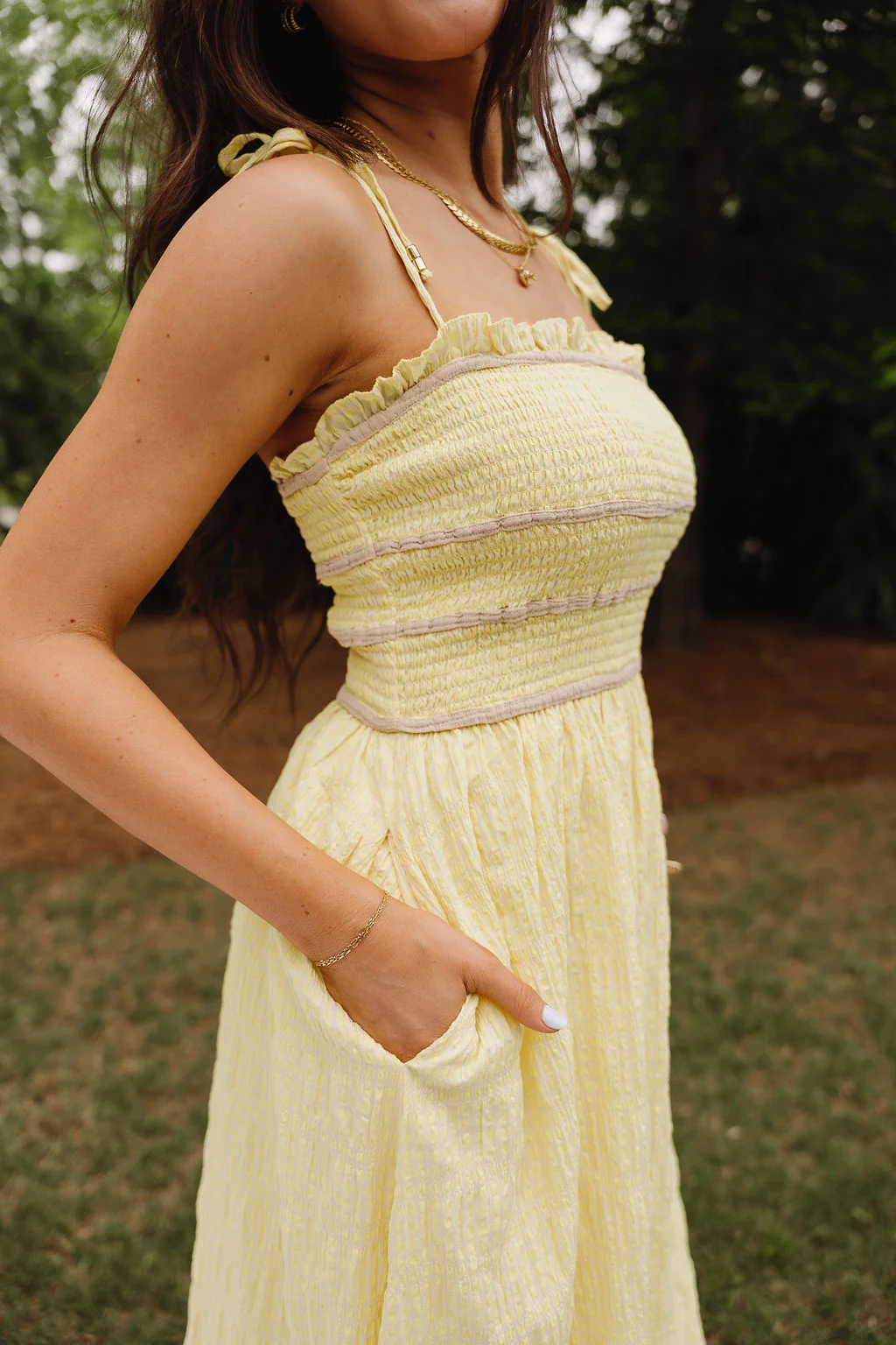 Reese Yellow & Taupe Smocked Midi Dress - Image 3