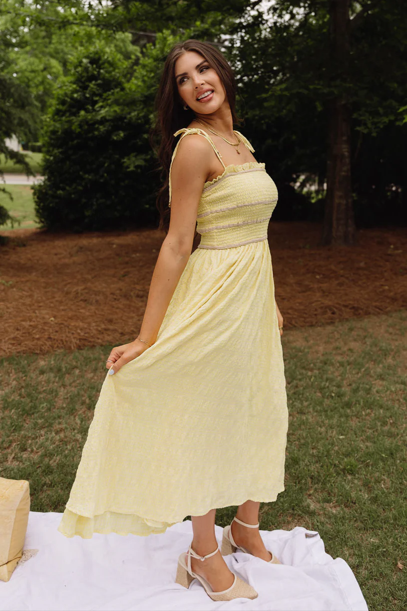 Reese Yellow & Taupe Smocked Midi Dress - Image 6