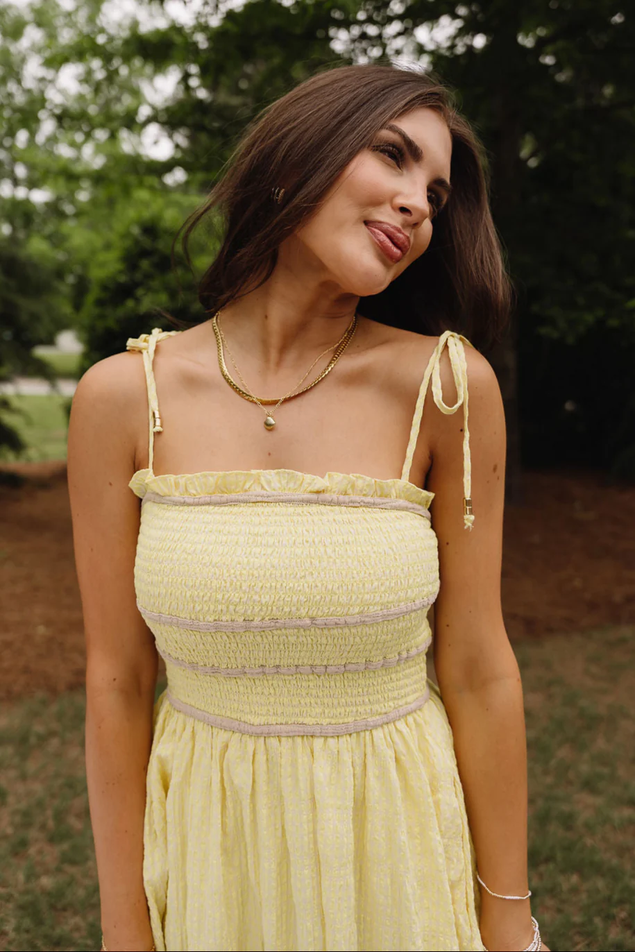 Reese Yellow & Taupe Smocked Midi Dress - Image 7
