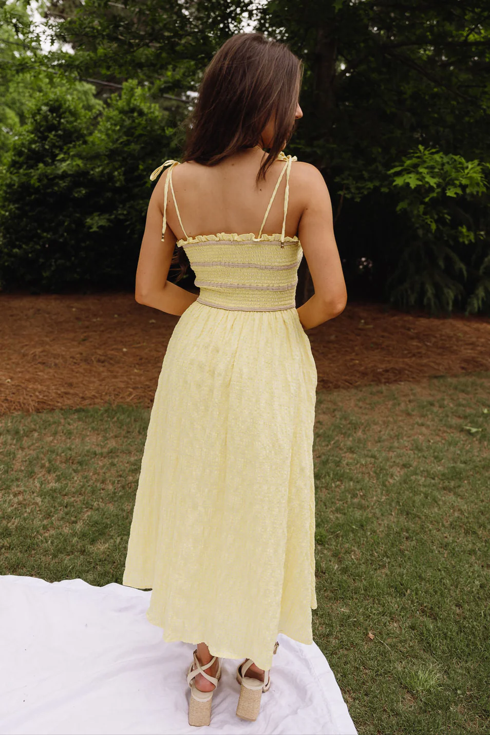 Reese Yellow & Taupe Smocked Midi Dress - Image 8