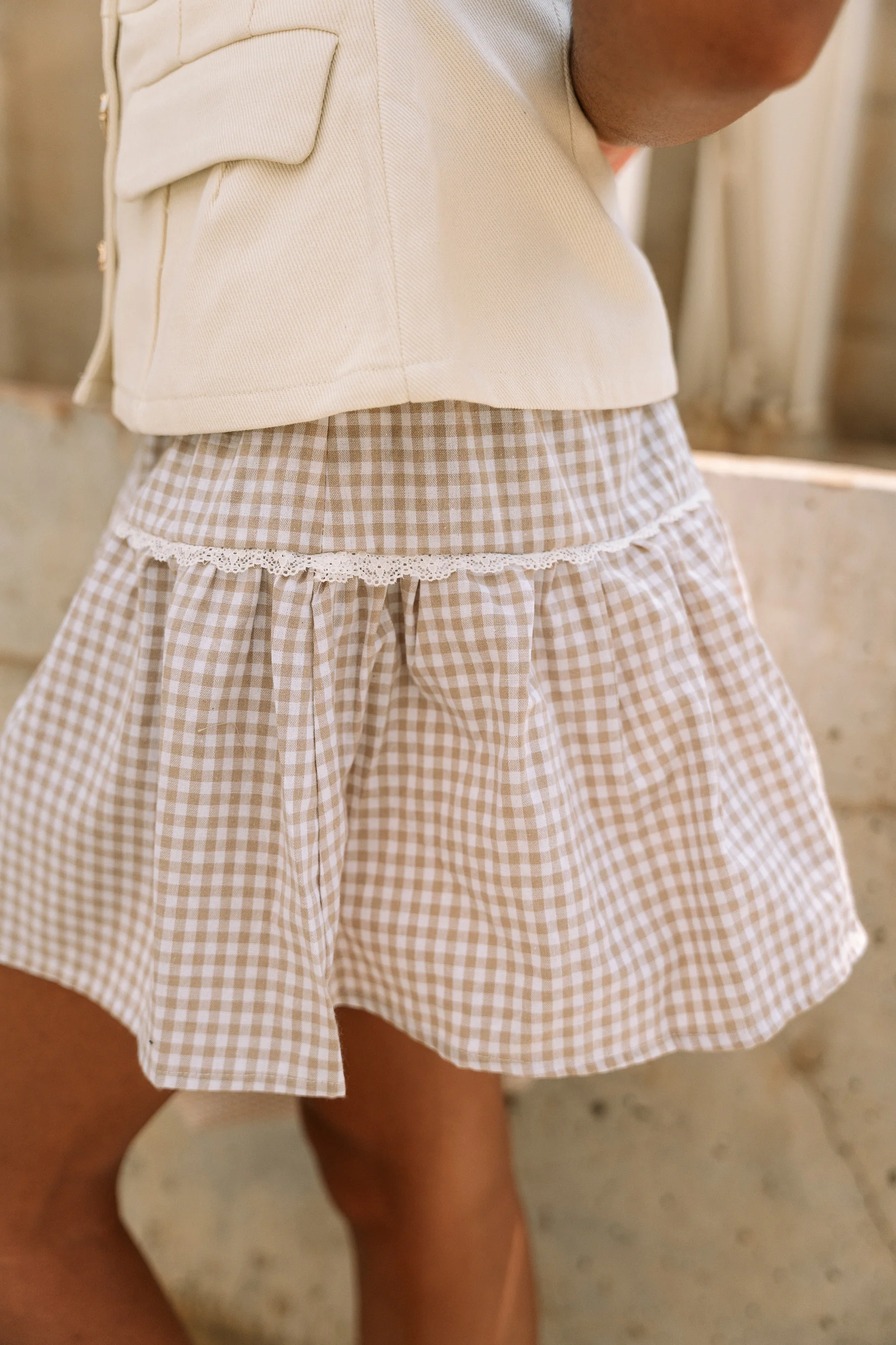 Reina Taupe & White Gingham Mini Skirt - Image 3