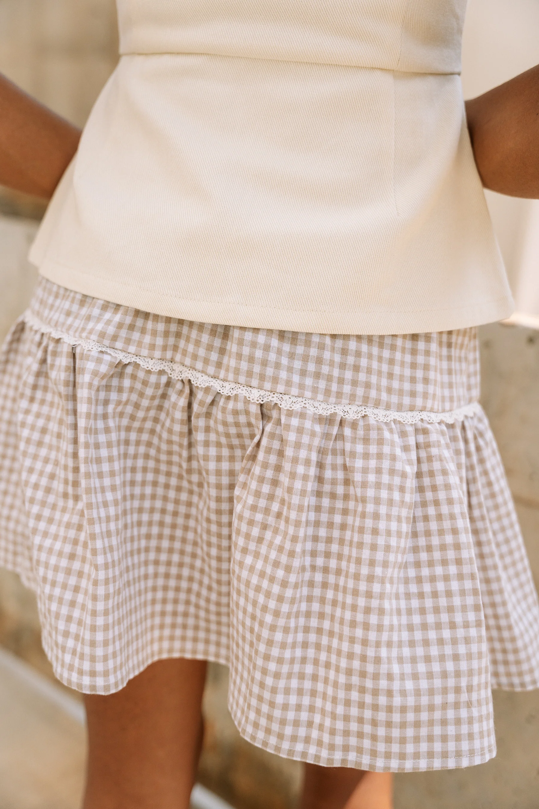 Reina Taupe & White Gingham Mini Skirt - Image 7