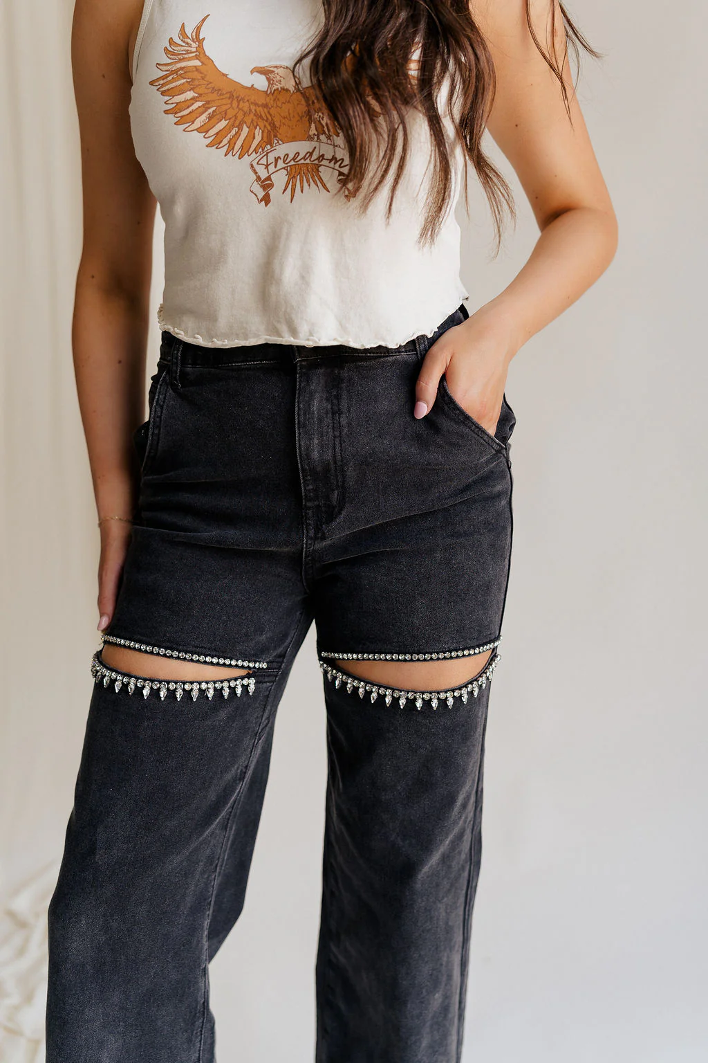Remi Rhinestone Slit Black Jeans - Image 2