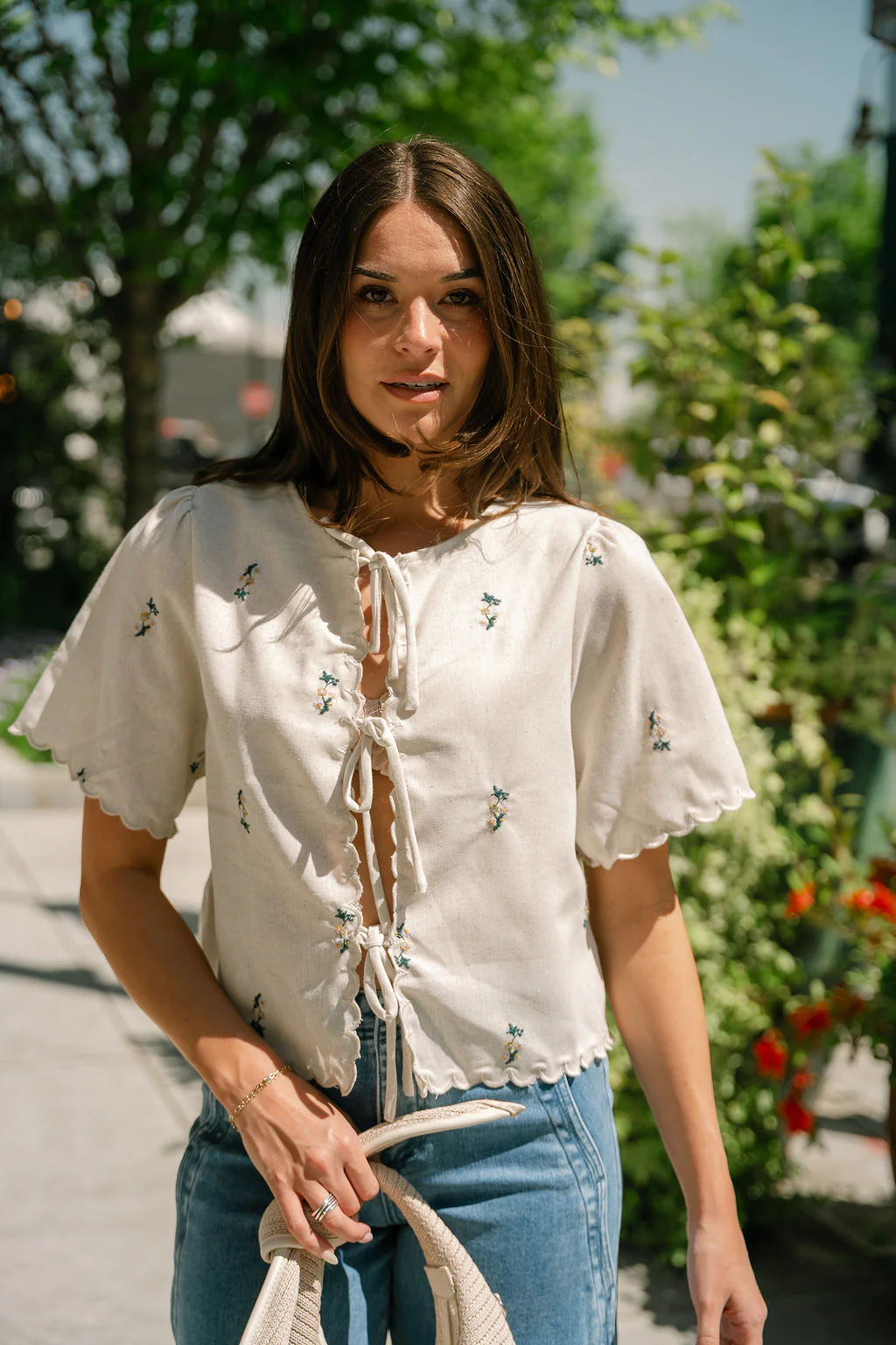 Remy Oatmeal Multi Floral Stitch Scallop Top - Image 2