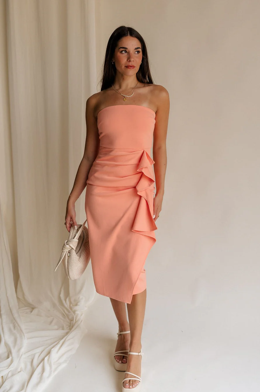 Reyna Peach Ruffle Strapless Midi Dress - Image 7