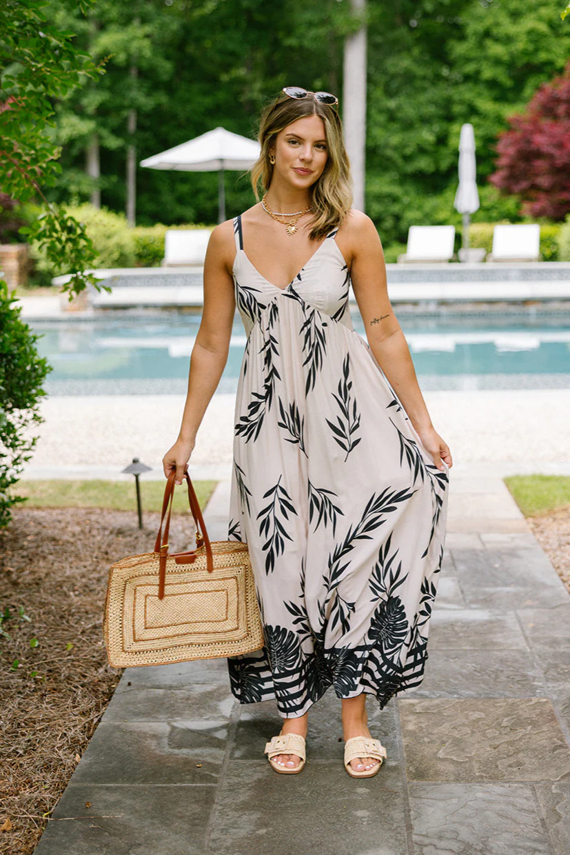 Rhea Black and Tan Palm Leaf Midi Dress - Image 2