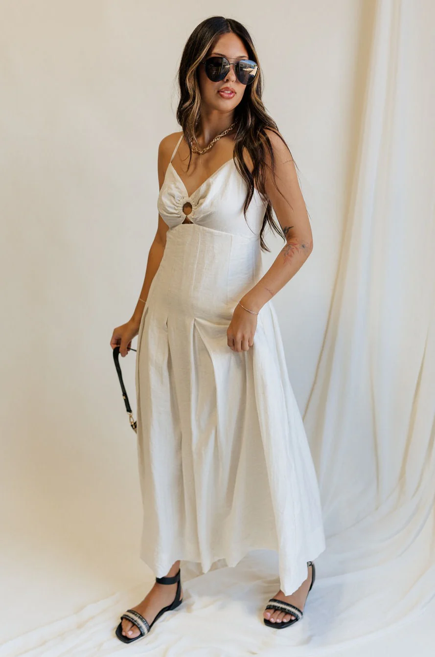 Rhea Ivory Linen Key Hole Midi Dress